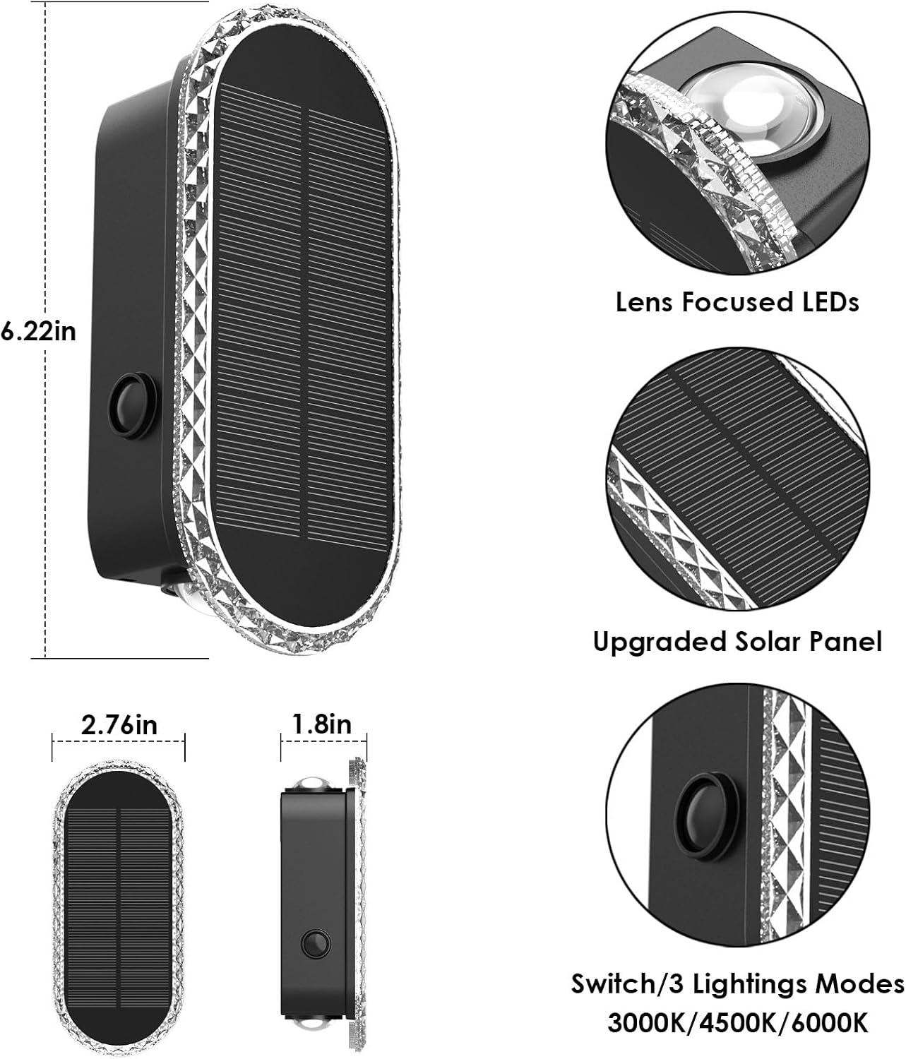 Luces solares de valla al aire libre - 3000\/4000\/6000K 3 modos, l...