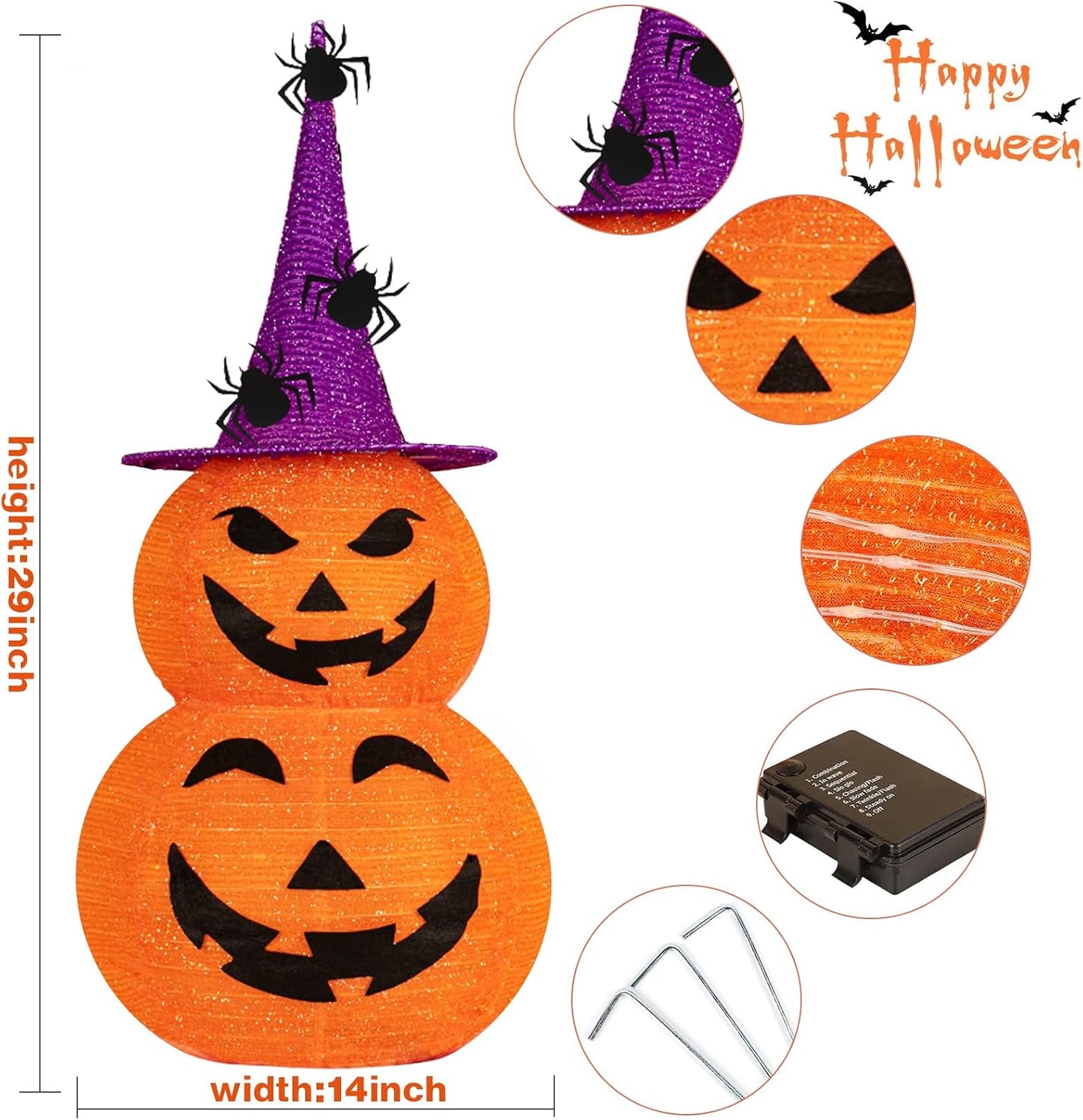 Calabaza plegable iluminada para decoración de Halloween al aire li...