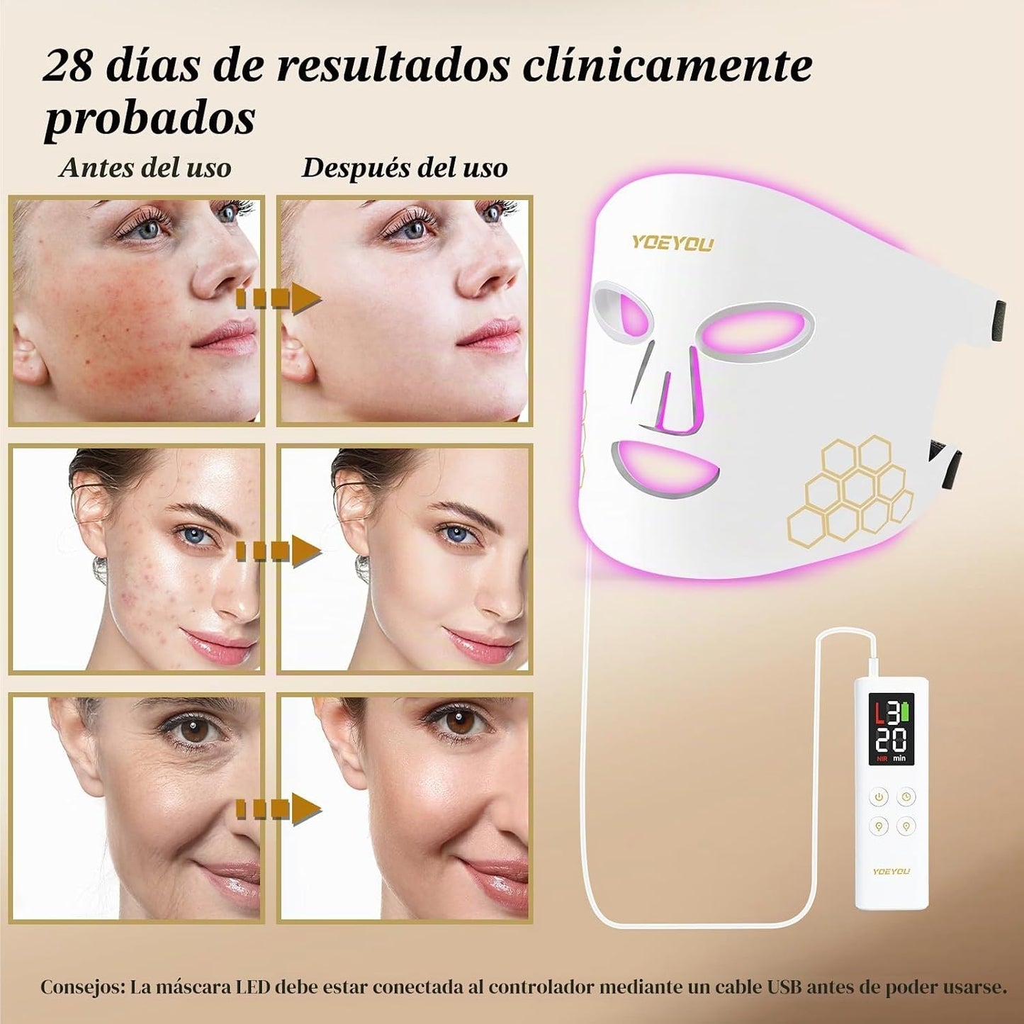 YOEYOU Terapia de luz roja para cara, máscara facial LED infrarroja...