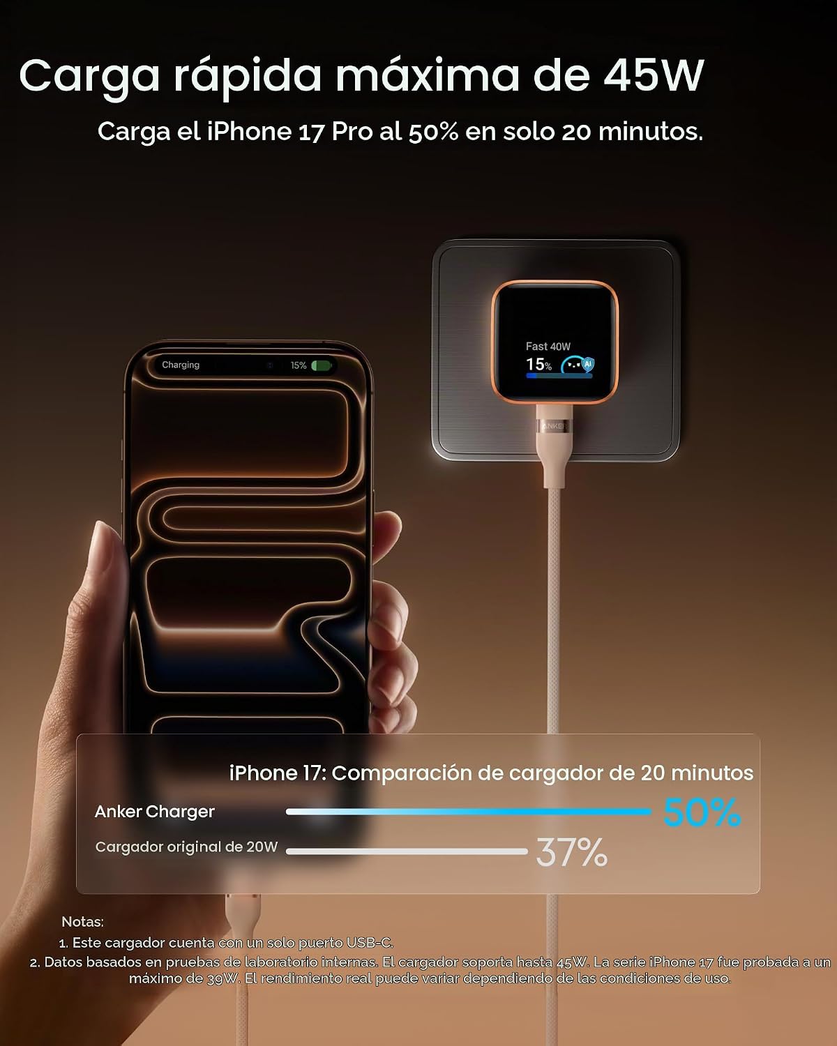 Anker Cargador de pantalla inteligente nano, cargador rápido USB C...