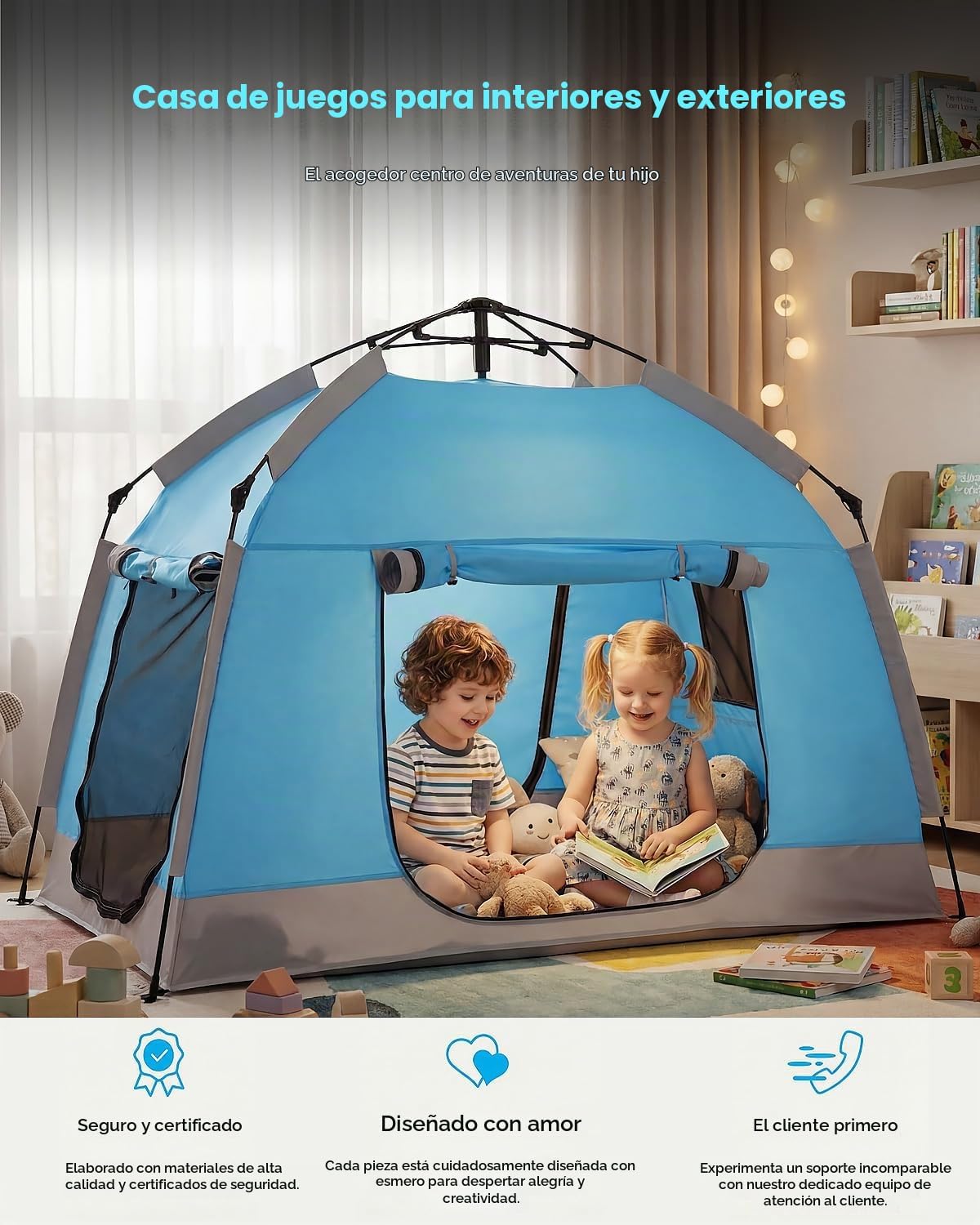 Casa de juegos para niños fácil de instalar con bonita tira de luce...