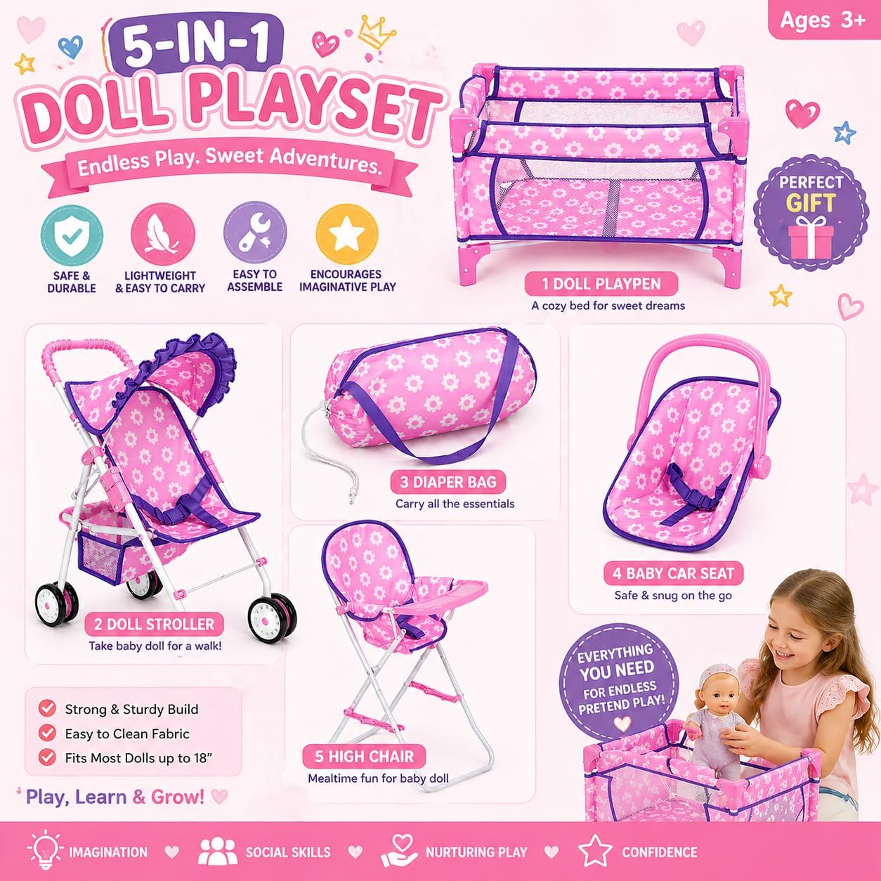 Juego de muñecas para bebés con diseño de flores, incluye cuna para...