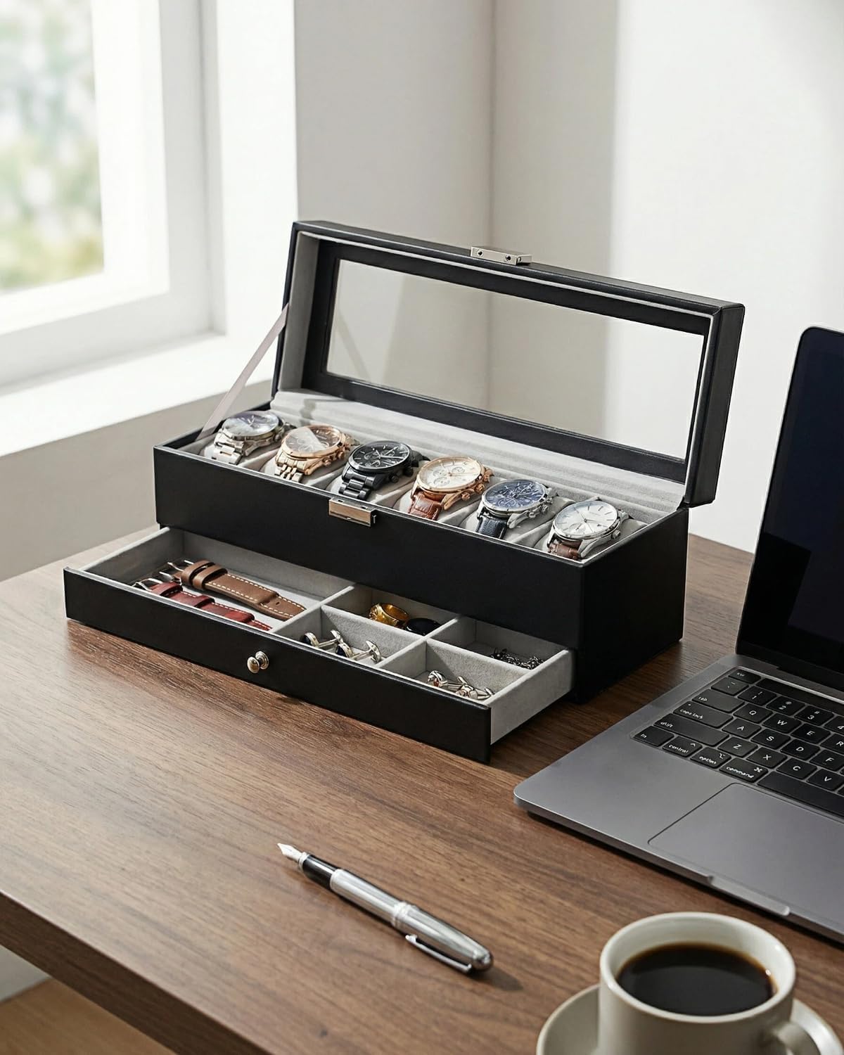 GLOBAL KA Caja de Reloj, Caja de Exhibición de Reloj de 6 Compartim...