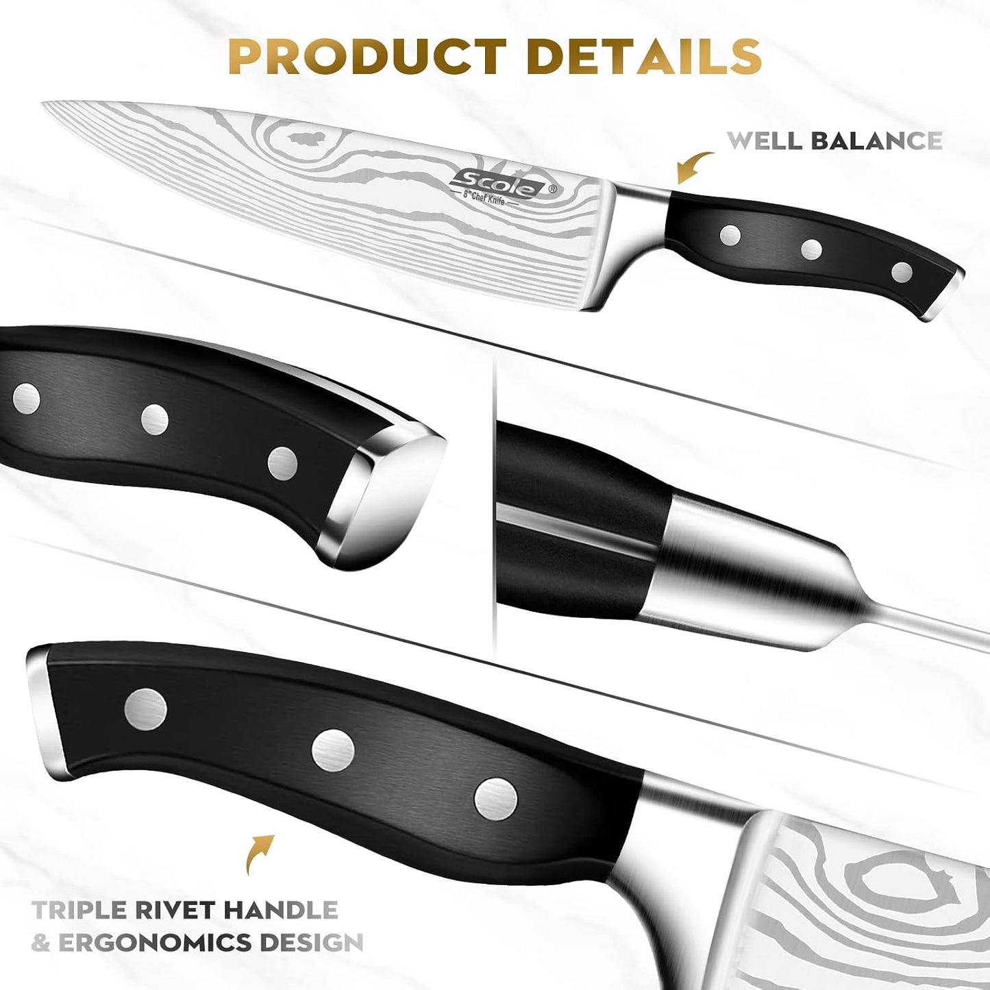 SCOLE® Juego de cuchillos de cocina ultra afilados de acero inoxida...