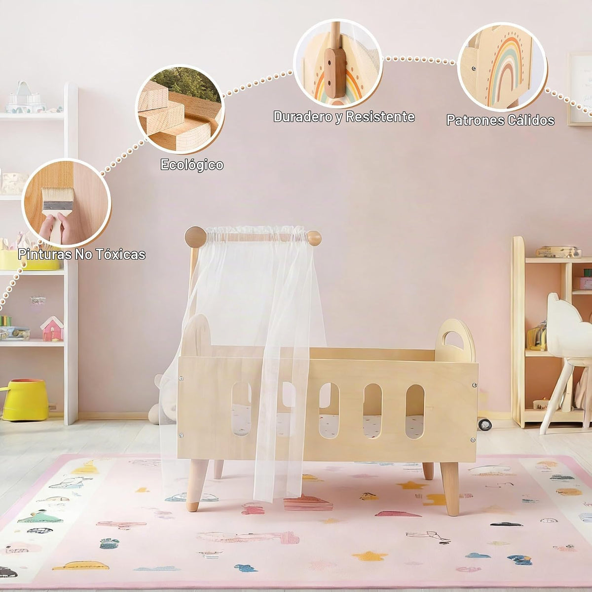 Freniland Cama de cuna de madera para muñecas de 18 pulgadas, juego...