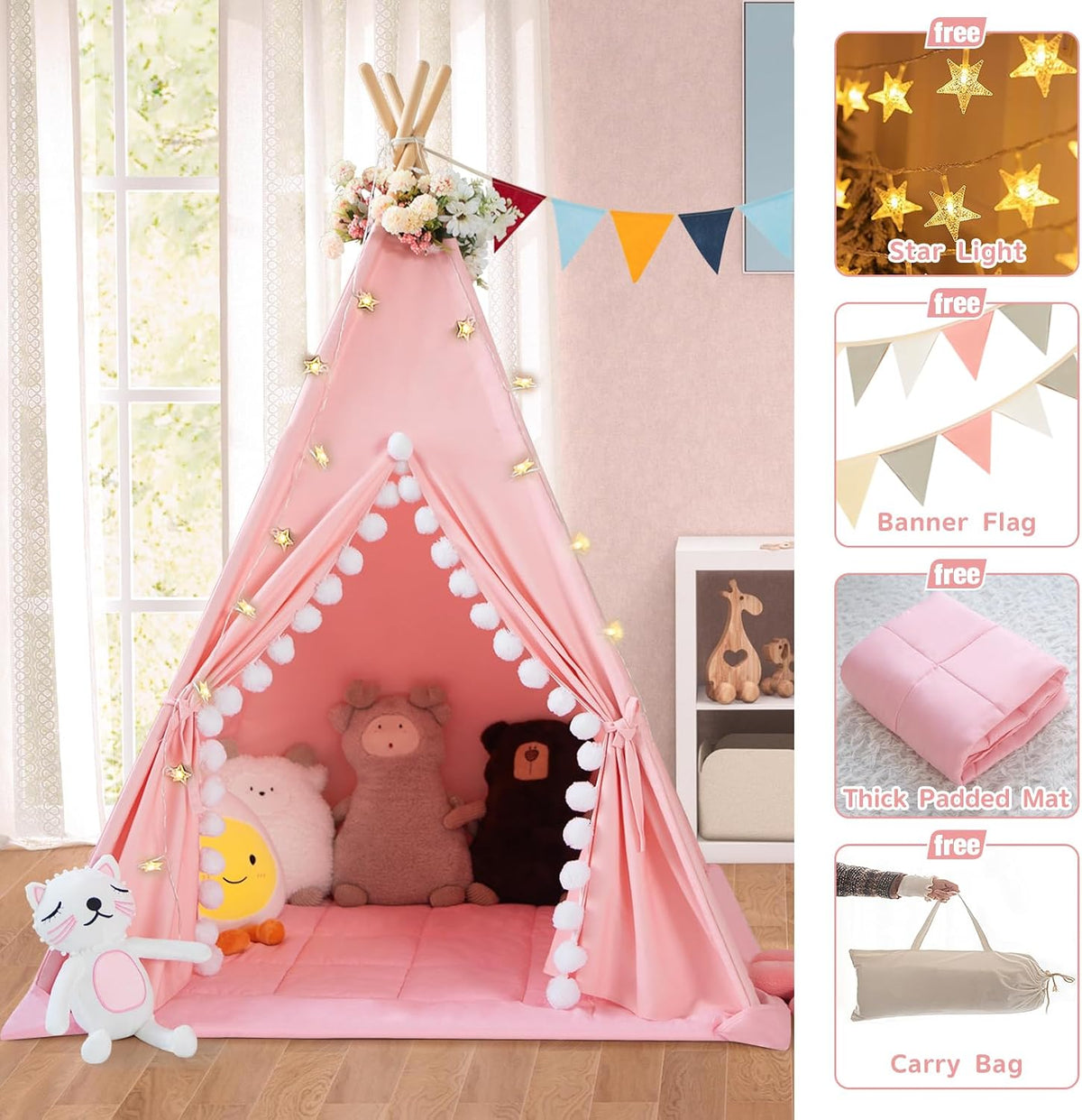 WIRHAO - Tienda de campaña tipi para niños con alfombra acolchada,...