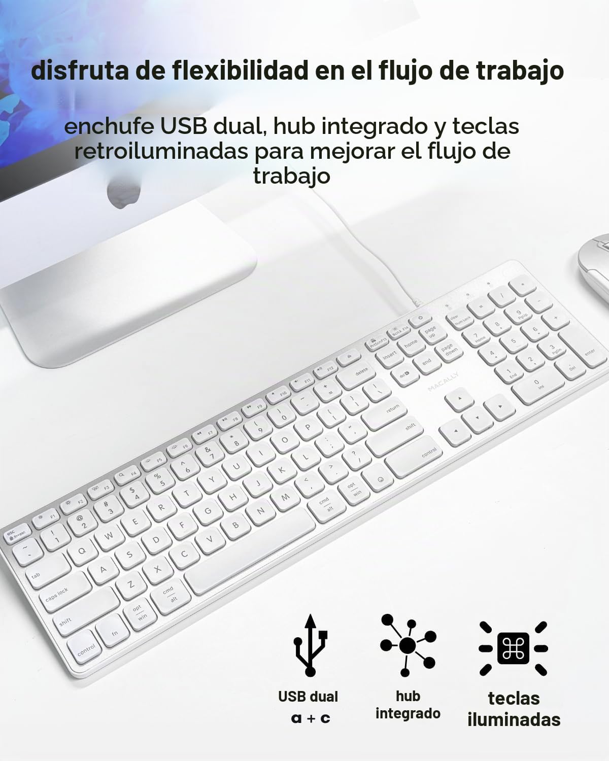 Teclado con cable Macally para Mac con Hub USB (2X USB-A \/ 1x USB-...