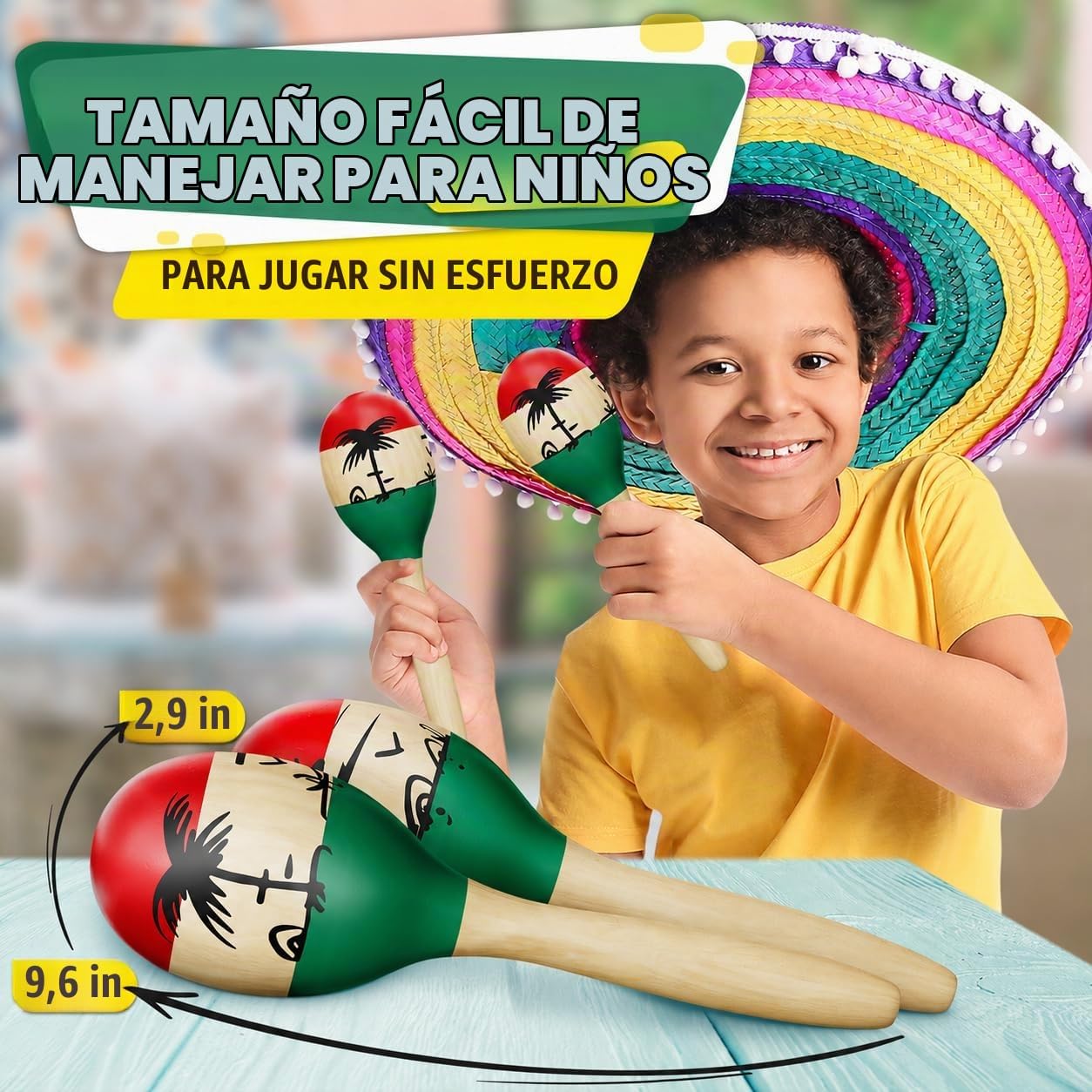 2 Maracas mexicanas para niños y adultos, 9.6 pulgadas, construcció...