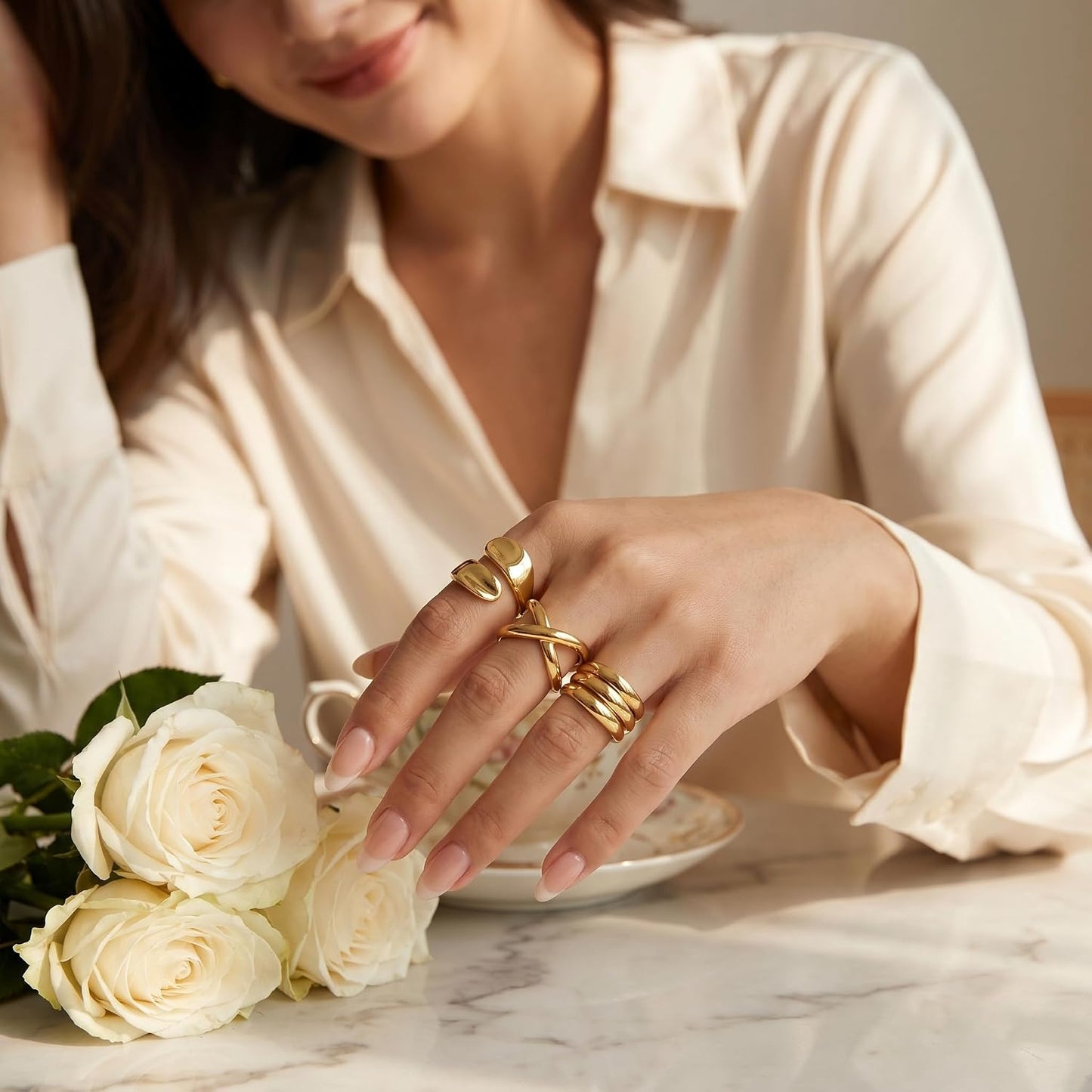 YEEZII Anillos Gruesos de Oro para Mujer Sin Deslustre, Anillo de P...