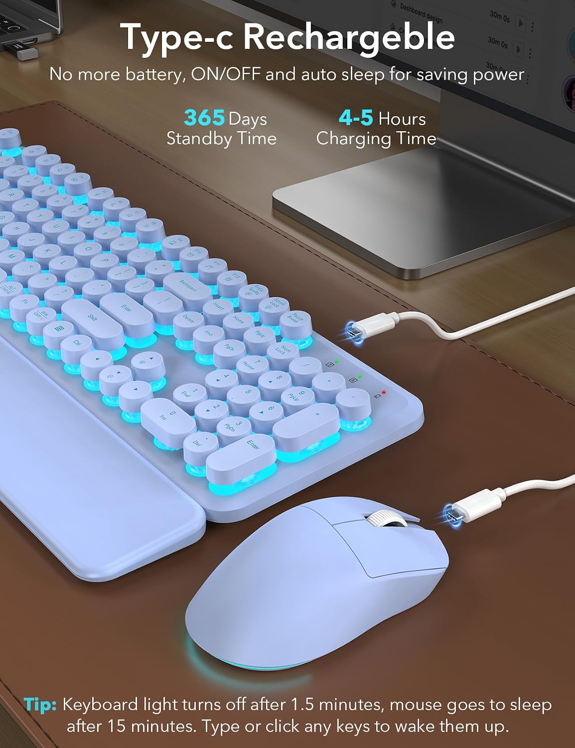Teclado inalámbrico y mouse retroiluminados, teclado de máquina de...