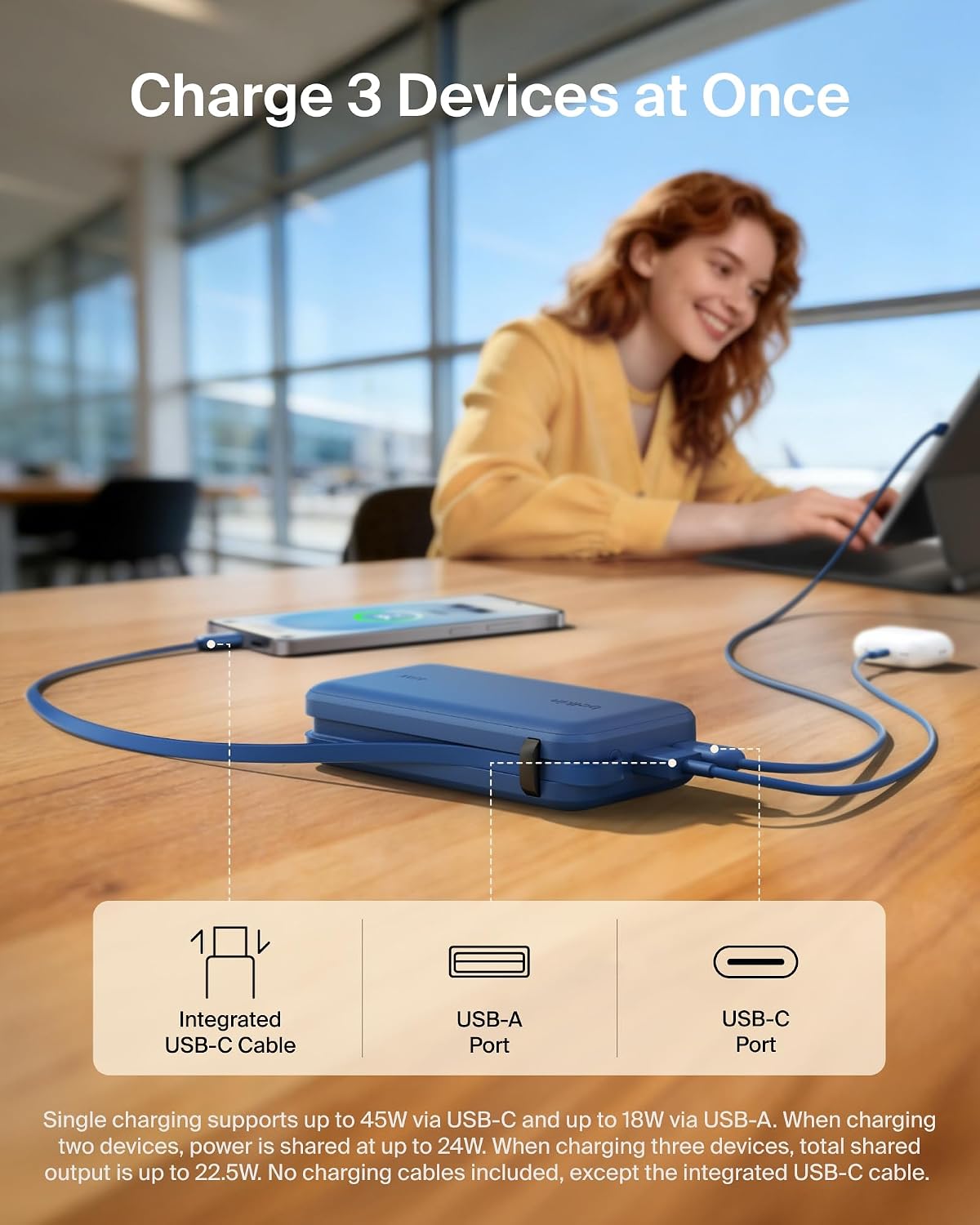 Belkin 10000mAh 45W Cargador portátil Power Bank con cable USB C in...
