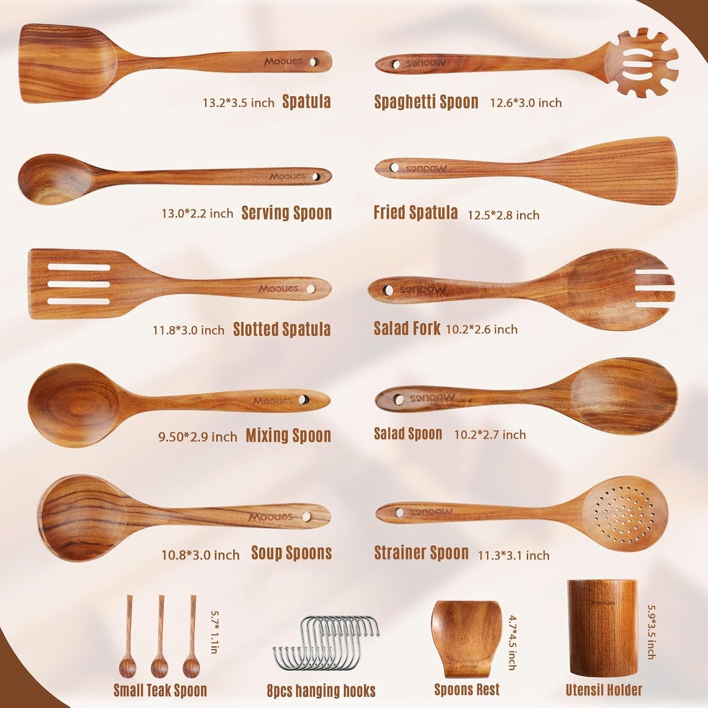Mooues - Juego de utensilios de cocina de madera, 15 piezas, teca n...