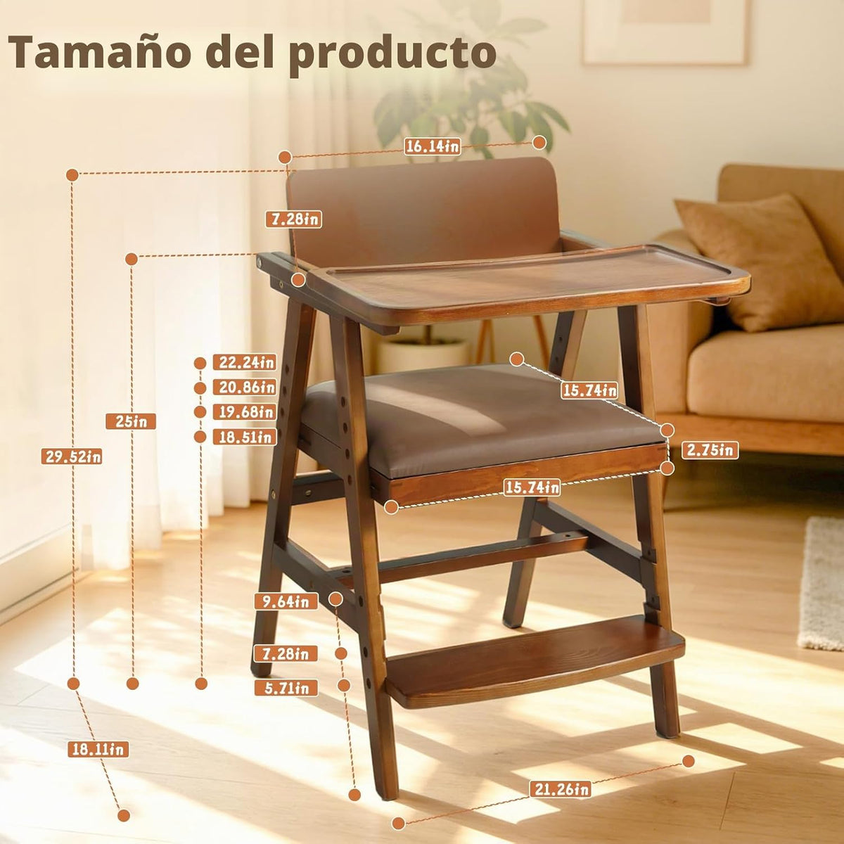 Trona de madera 3 en 1 con escalones y bandeja ajustable para bebés...