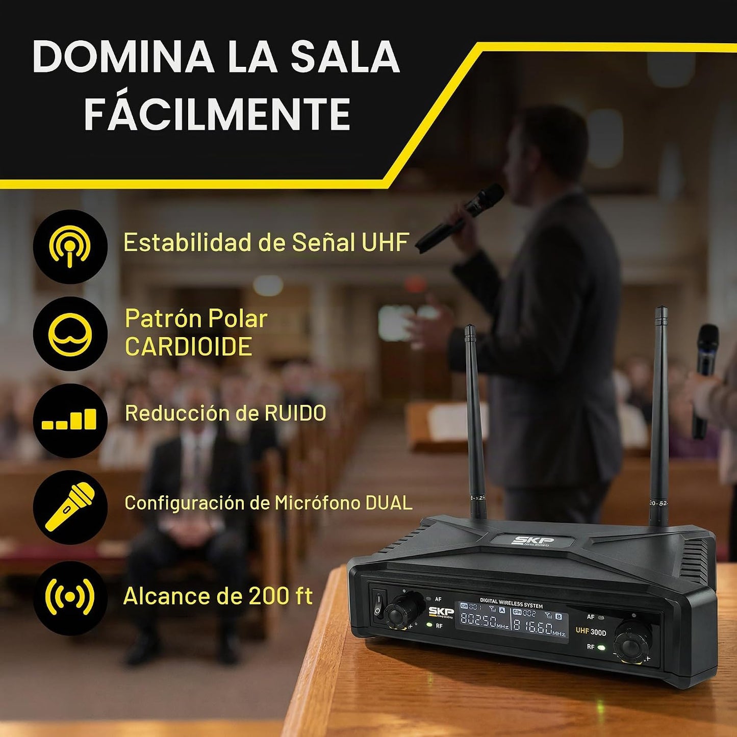 SKP Pro Audio Sistema de micrófono inalámbrico UHF-300D - Micrófono...