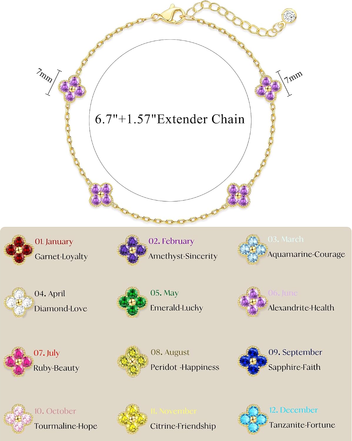 KELAIEN Pulsera de trébol de oro con piedra de nacimiento Pulsera d...