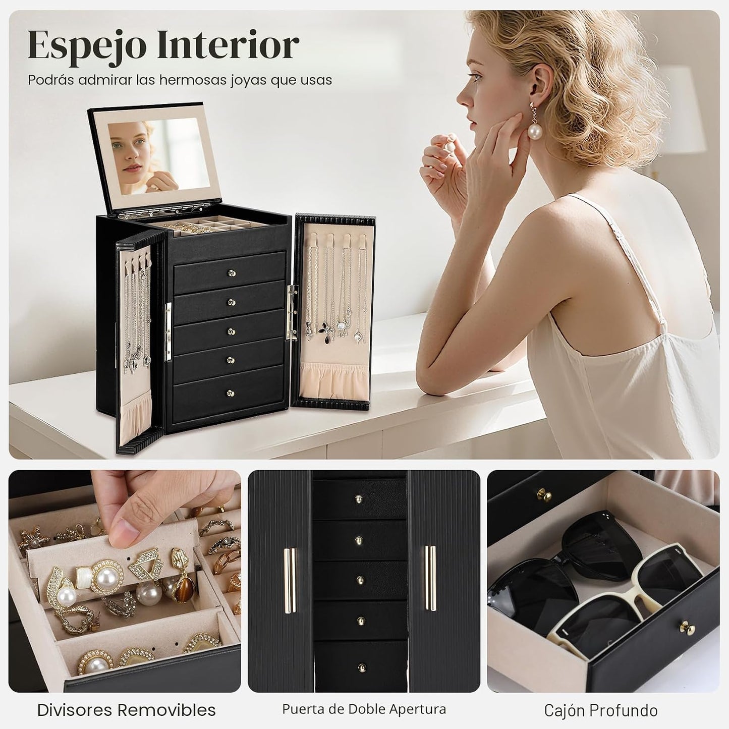 Dajasan Caja organizadora de joyas grande con 5 cajones, joyero par...