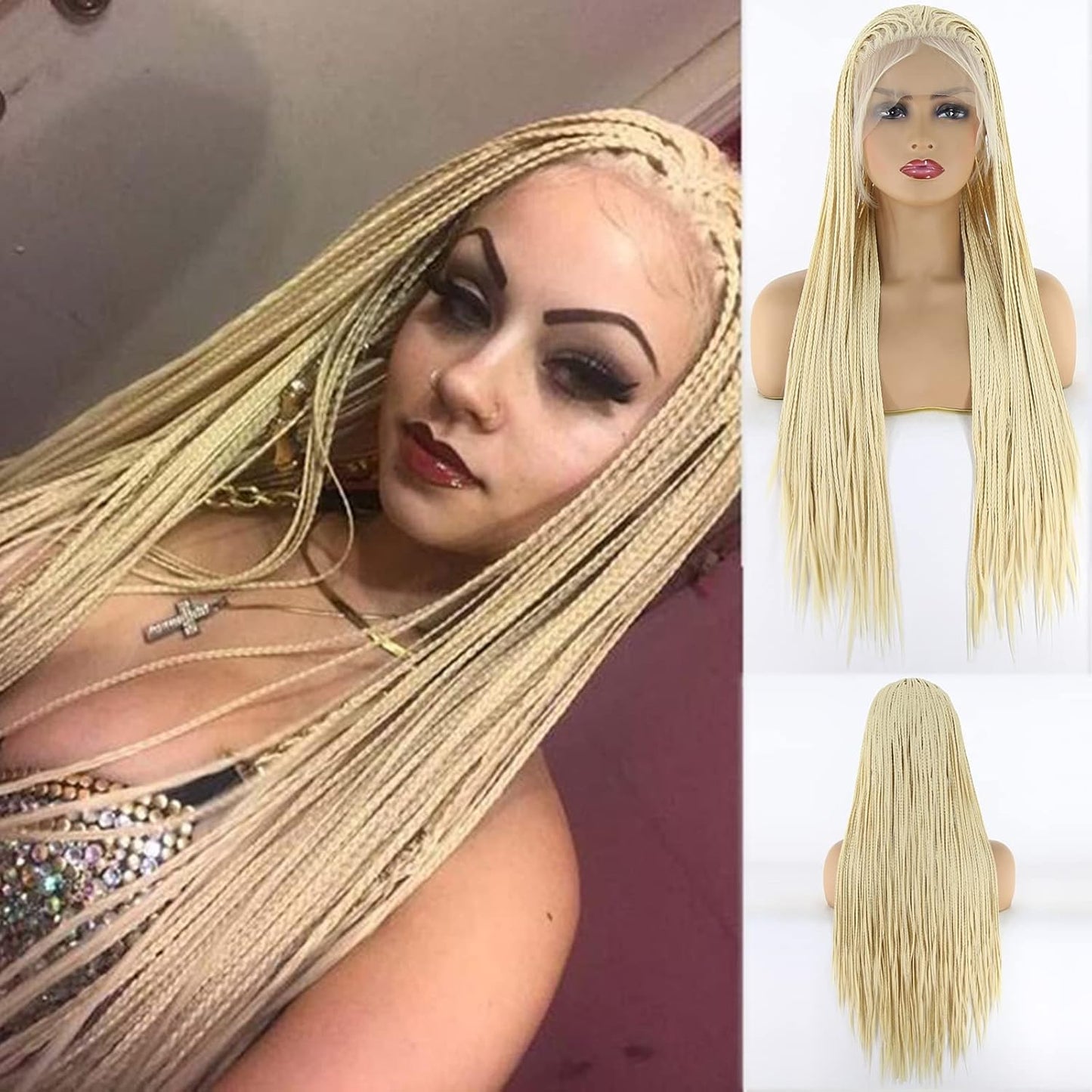 BTWTRY Peluca rubia #613 con encaje frontal sintético micro trenzad...
