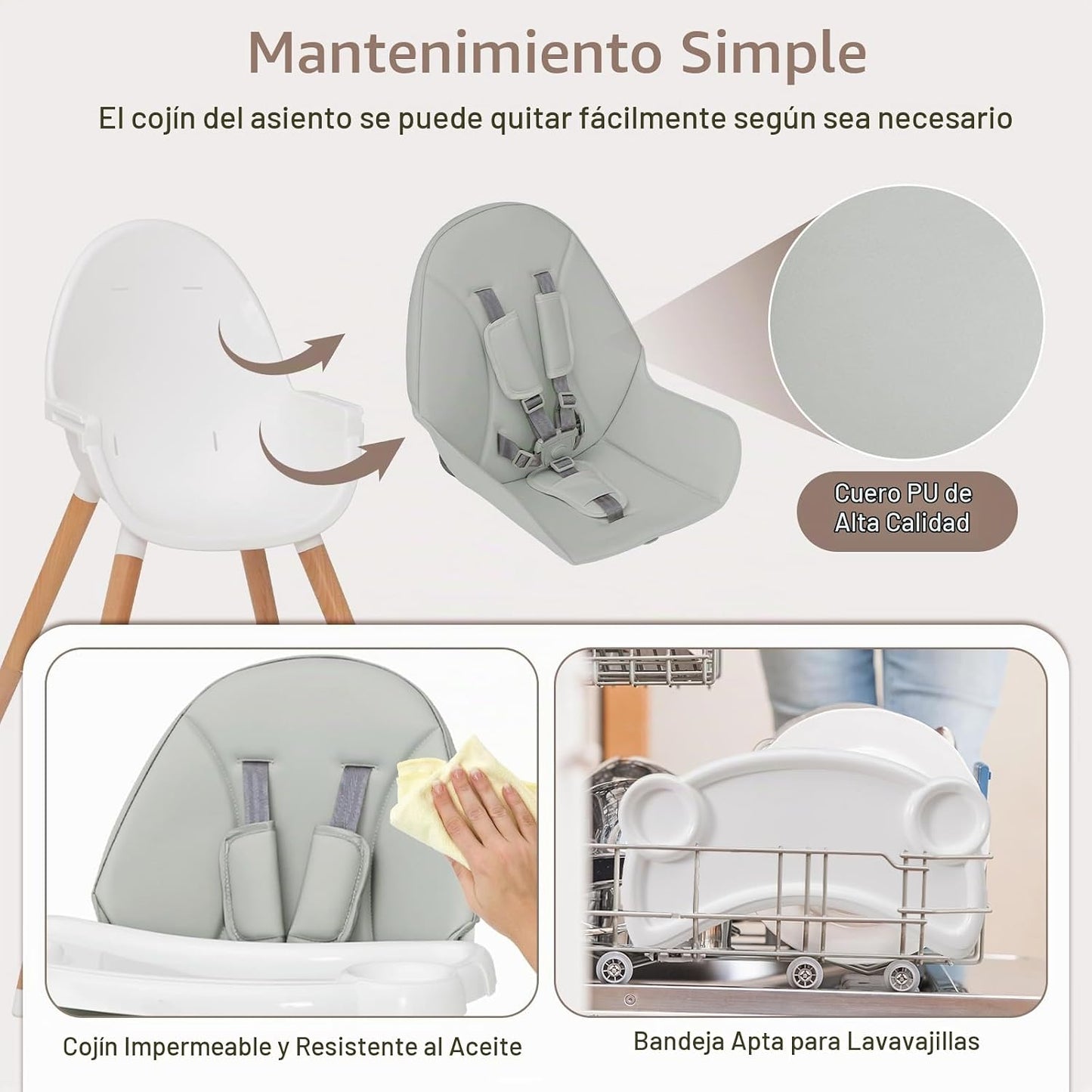 HONEY JOY Silla alta para bebé, trona de madera de haya para bebés...