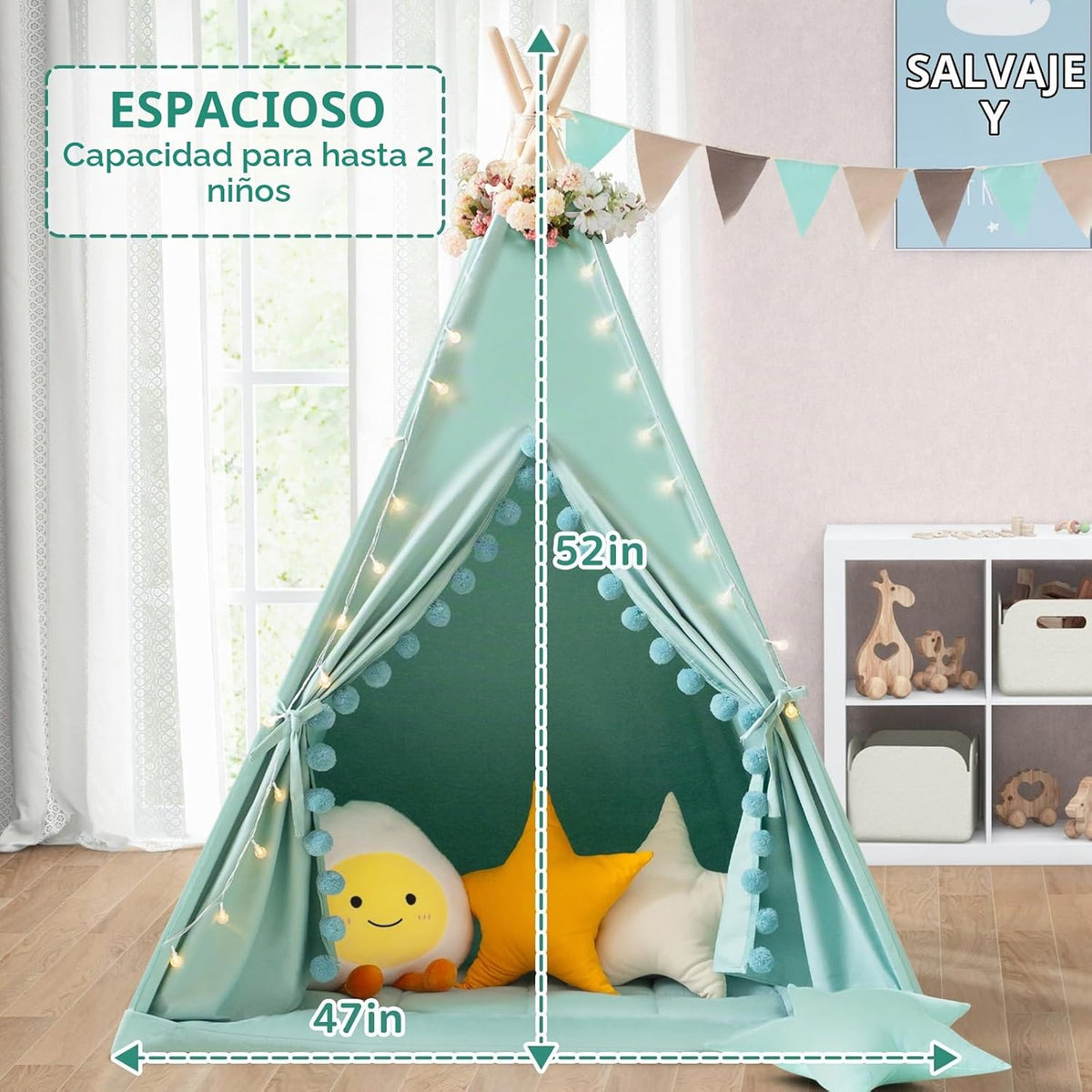 Tienda de campaña tipi para niños con alfombrilla acolchada, lona d...
