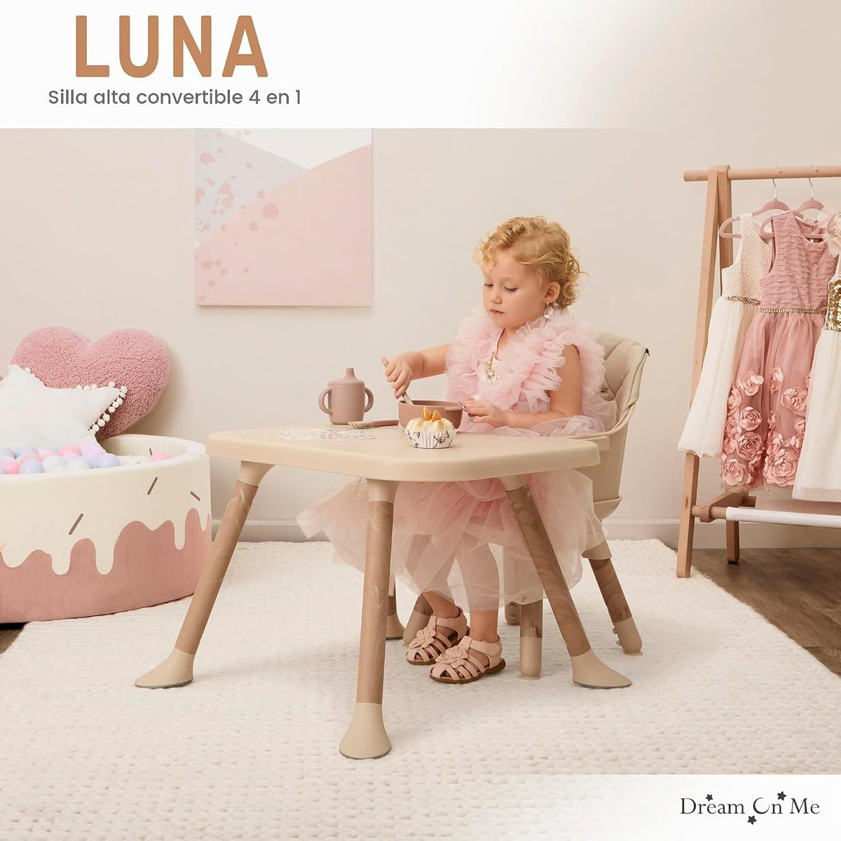 Dream On Me Luna - Silla alta convertible 4 en 1 para bebé en beige...