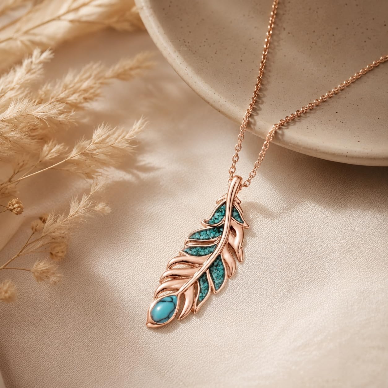 Teetyyt Collar de Plumas de Turquesa para Mujer Chapado en Oro Blan...