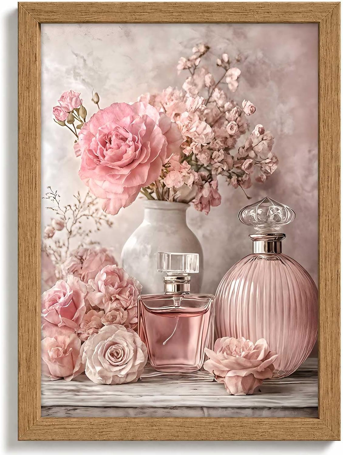 Arte de pared enmarcado de flores rosas, botella de perfume floral...
