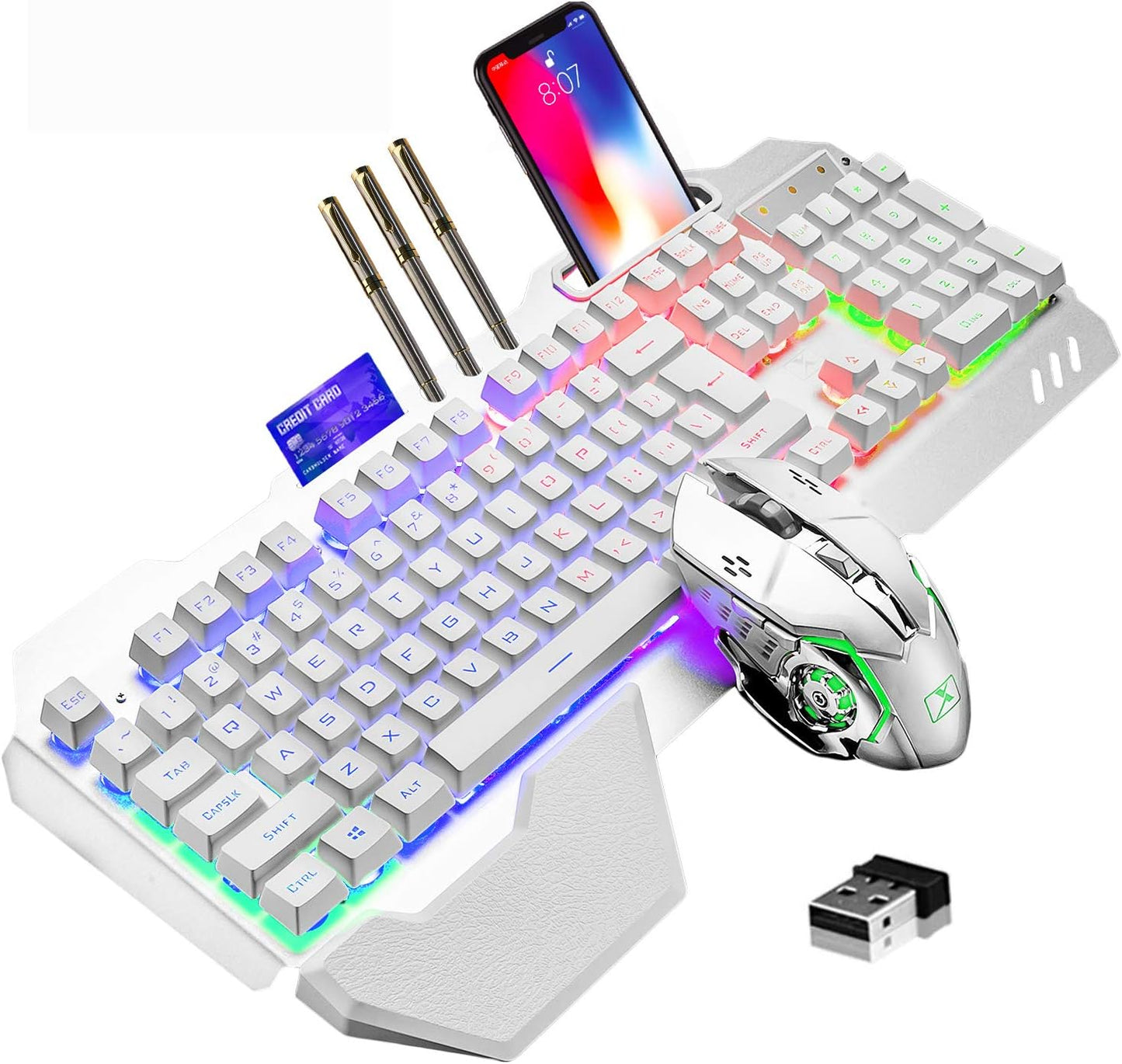 Teclado y ratón inalámbricos para juegos, teclado recargable con re...