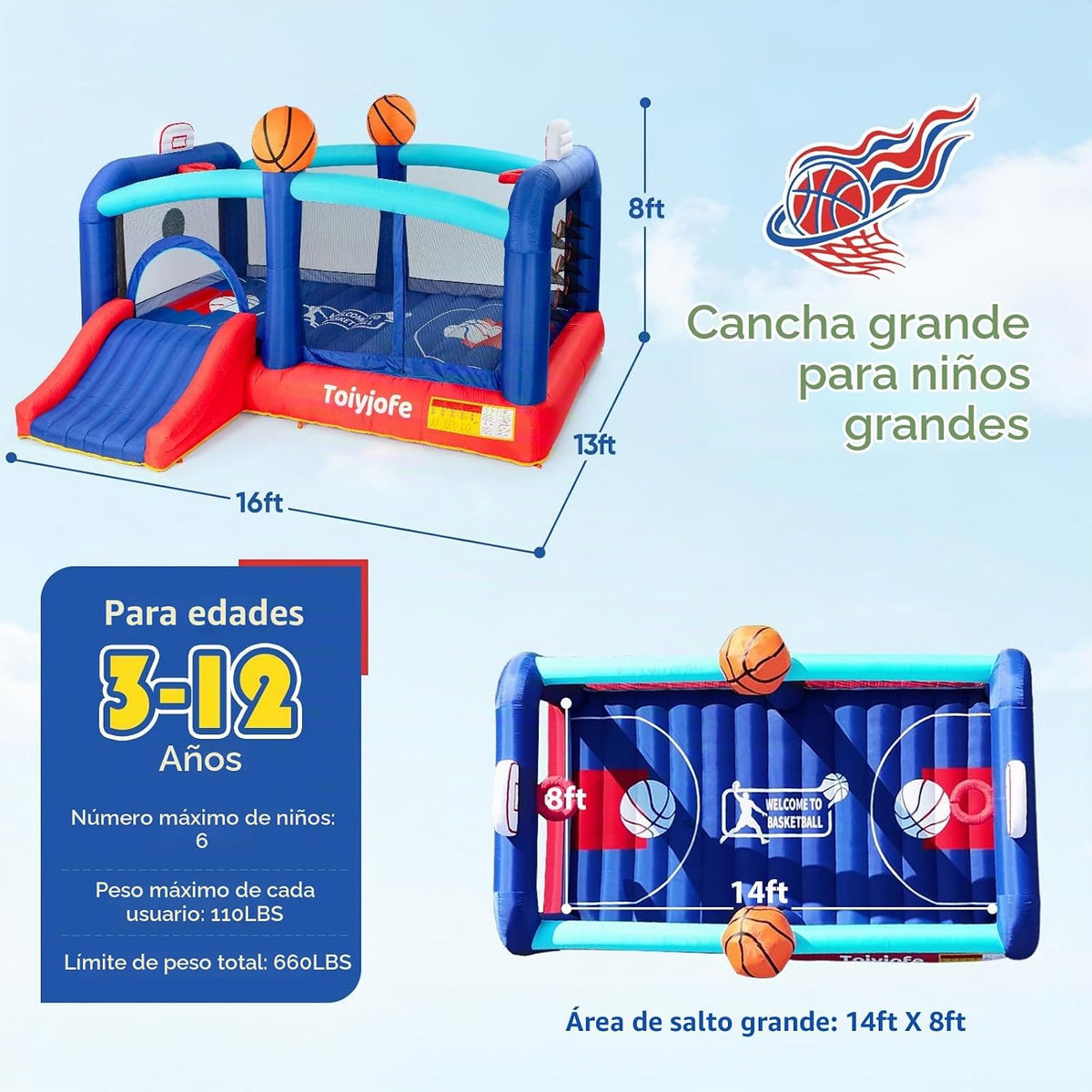 Casa de rebote para niños grandes de 8 a 12, castillo de baloncesto...