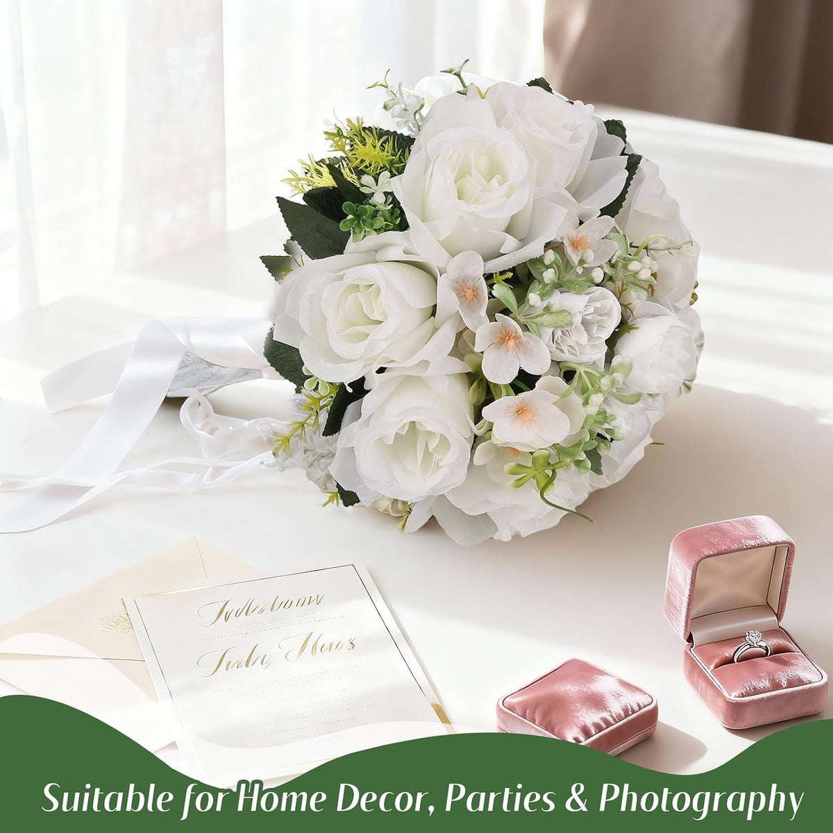 Qeedy Ramo de boda para novia, rosas artificiales de seda de 8 pulg...
