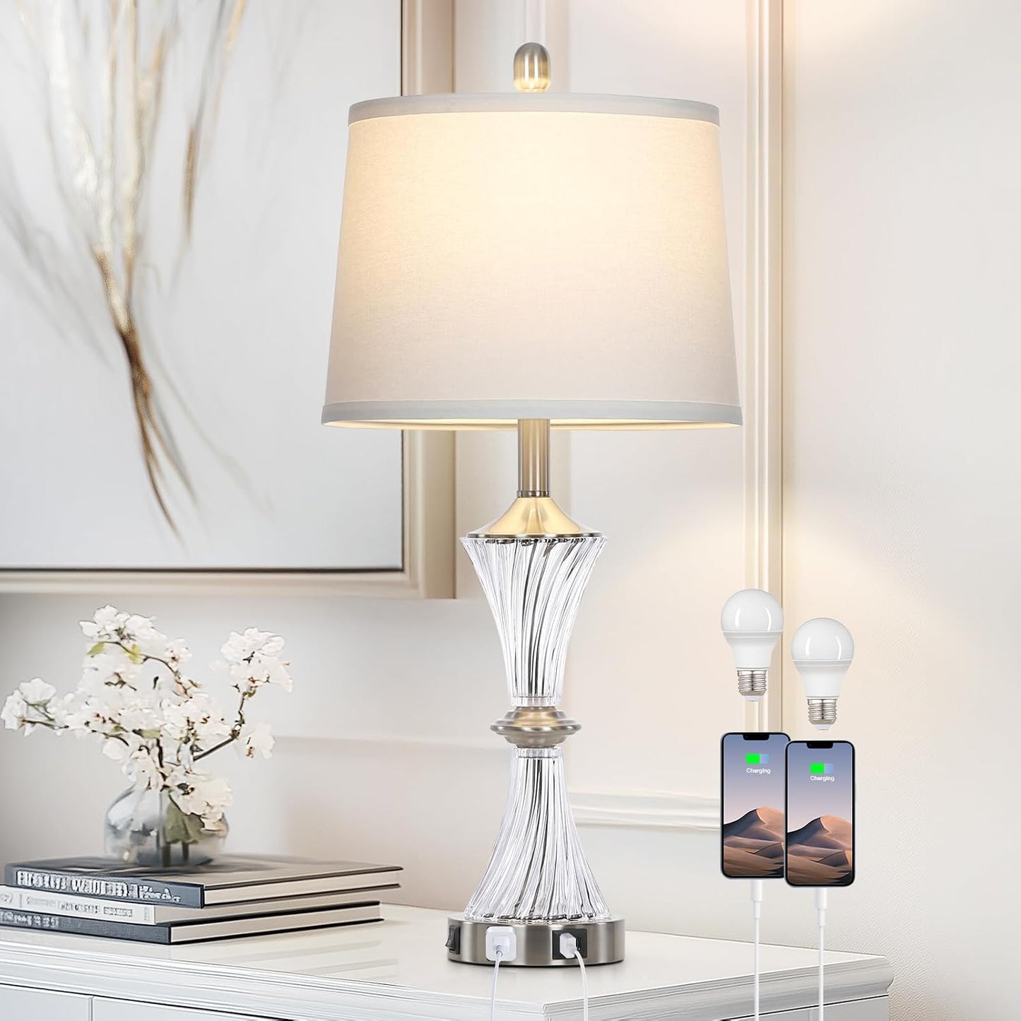 Rinweey - Lámpara de mesa de vidrio de cristal con puertos USB C+A...