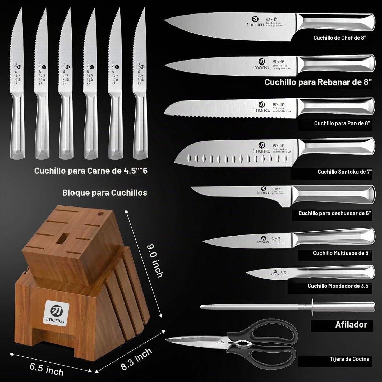imarku Juego de cuchillos de cocina japoneses de acero inoxidable d...