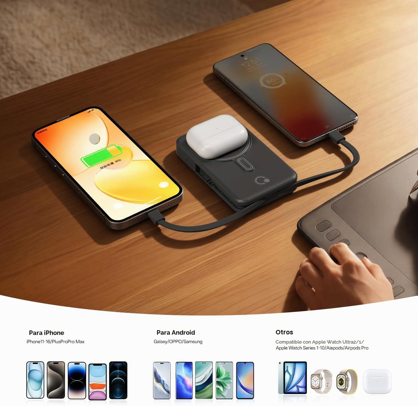 Q Cargador portátil inalámbrico magnético de 10,000 mAh, batería ex...