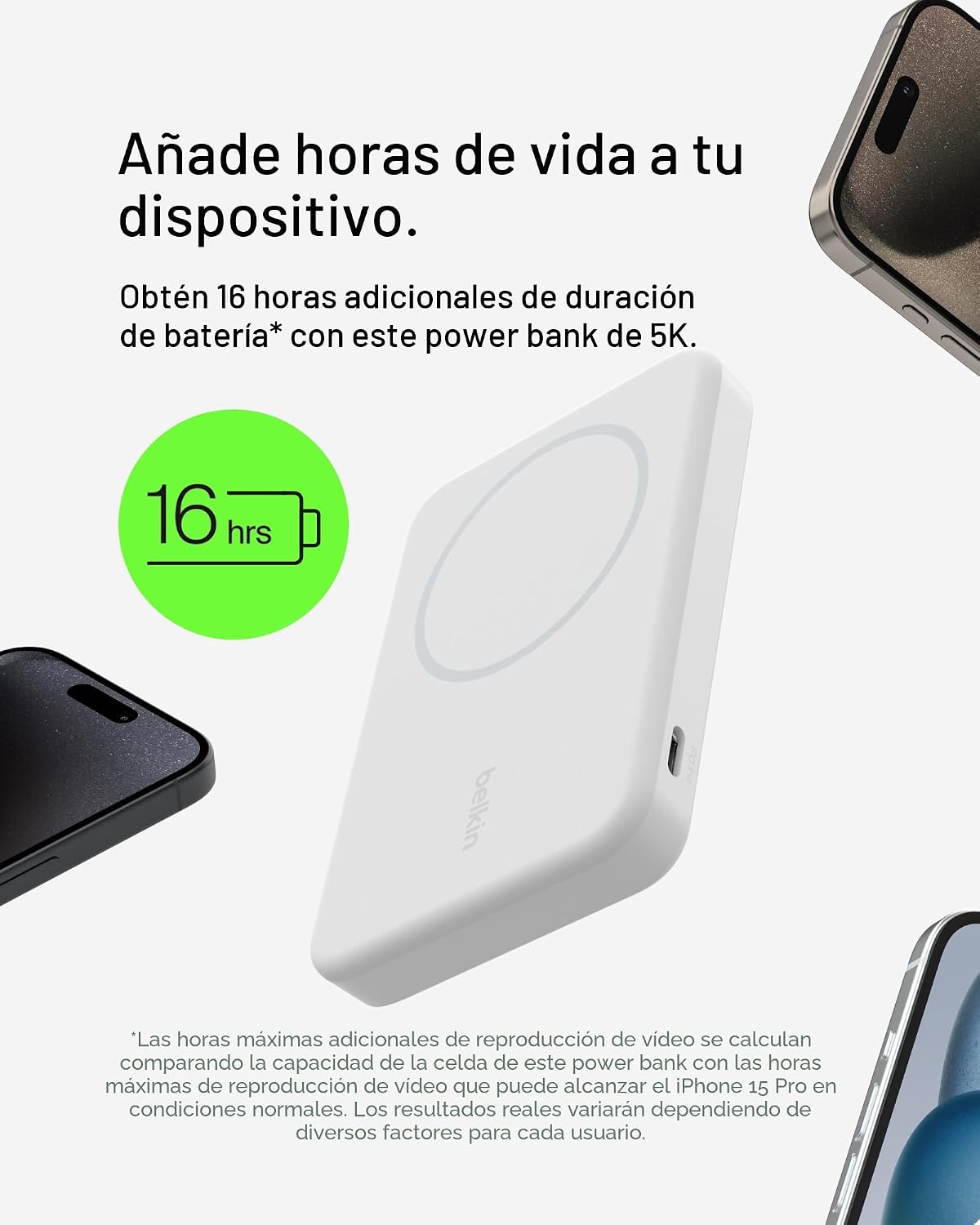 Belkin Cargador portátil, banco de energía inalámbrico de 15 W 5000...