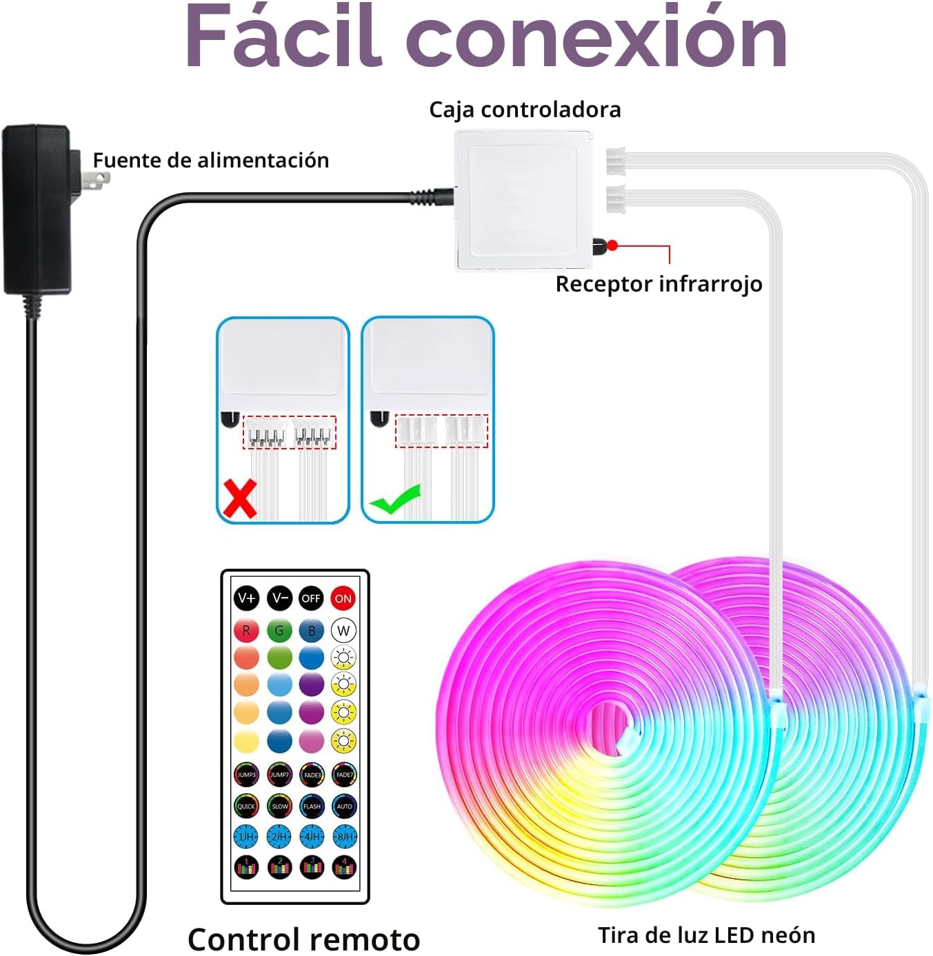 Luces de cuerda de neón LED RGB de 100 pies, luces de neón LED con...