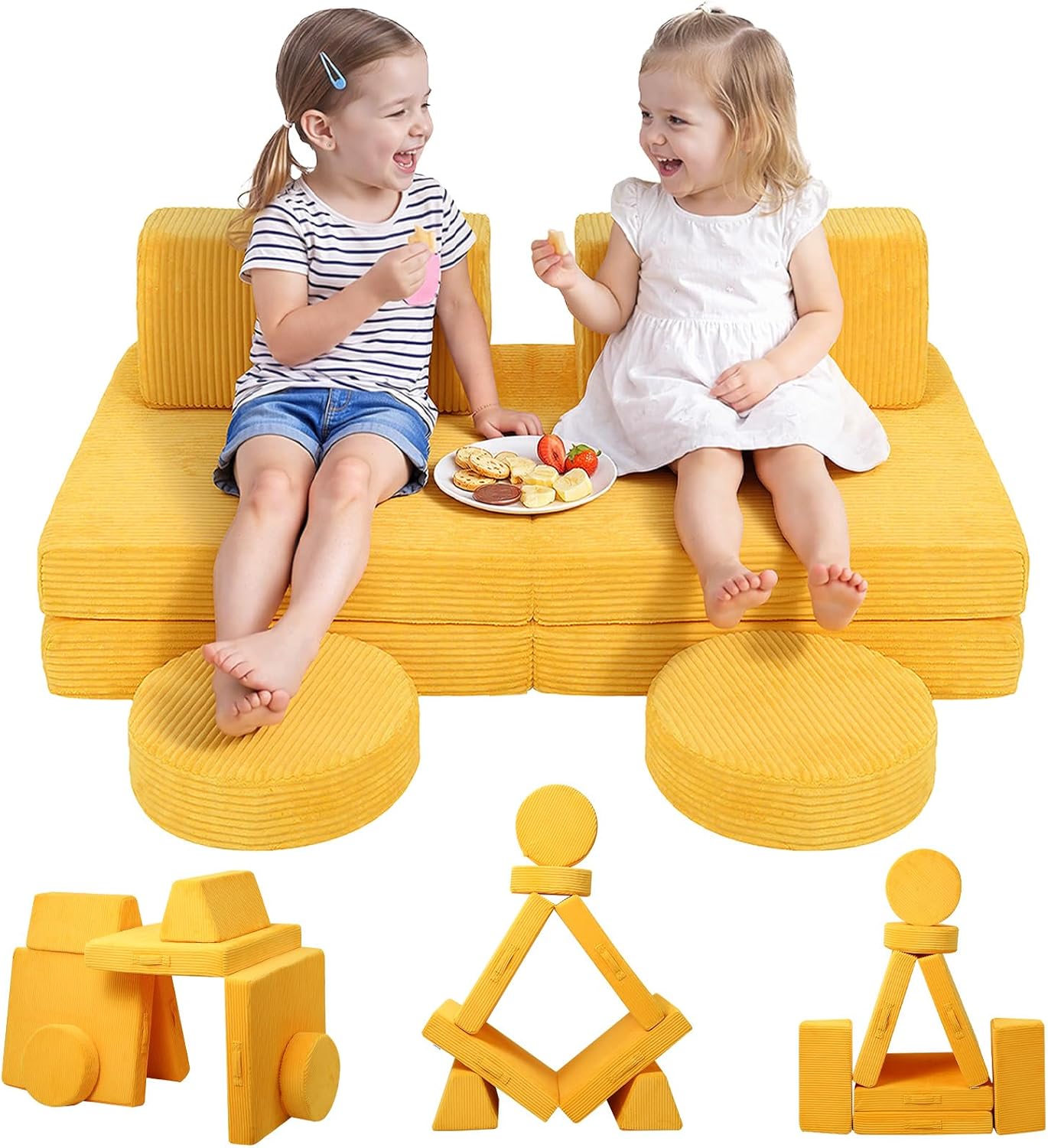 MeMoreCool - Sofá infantil de pana de 8 piezas, color amarillo, jue...