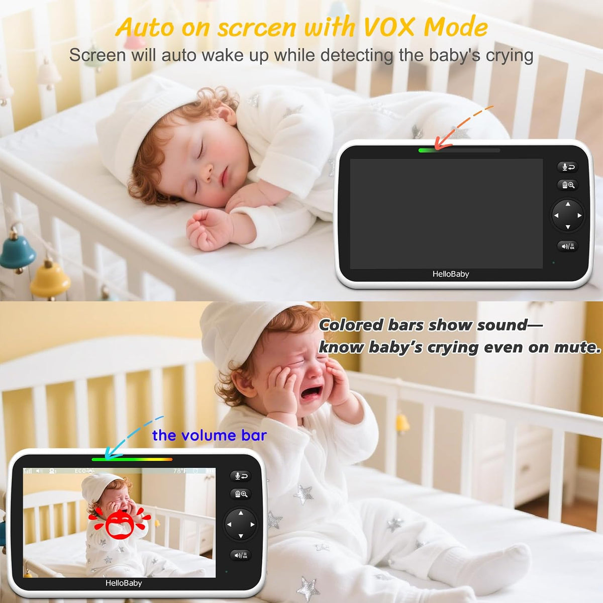 HelloBaby - Monitor de bebé con pantalla dividida de 6 pulgadas, si...
