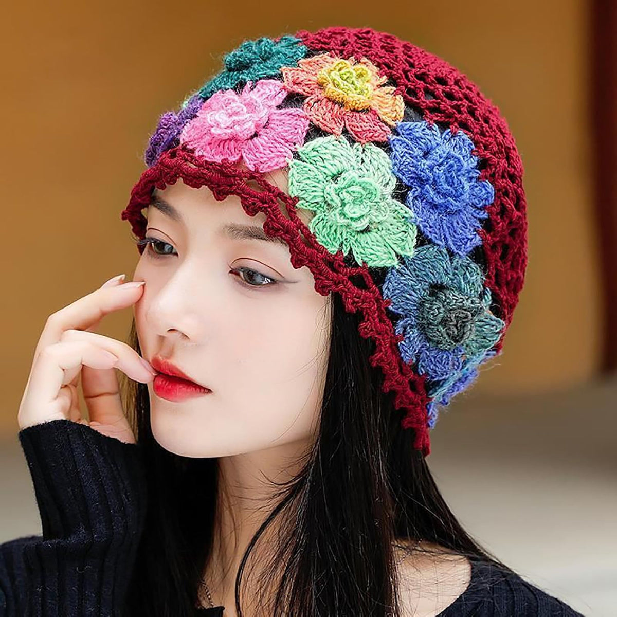 CORIRESHA Boho Chic Hecho a Mano Crochet Flor Beanie Ligero Hueco Y...