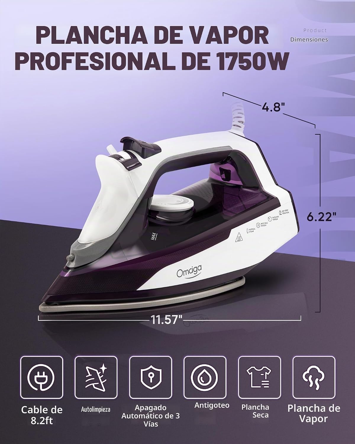 OMAIGA Plancha de vapor para ropa, plancha de 1750 W con suela de c...