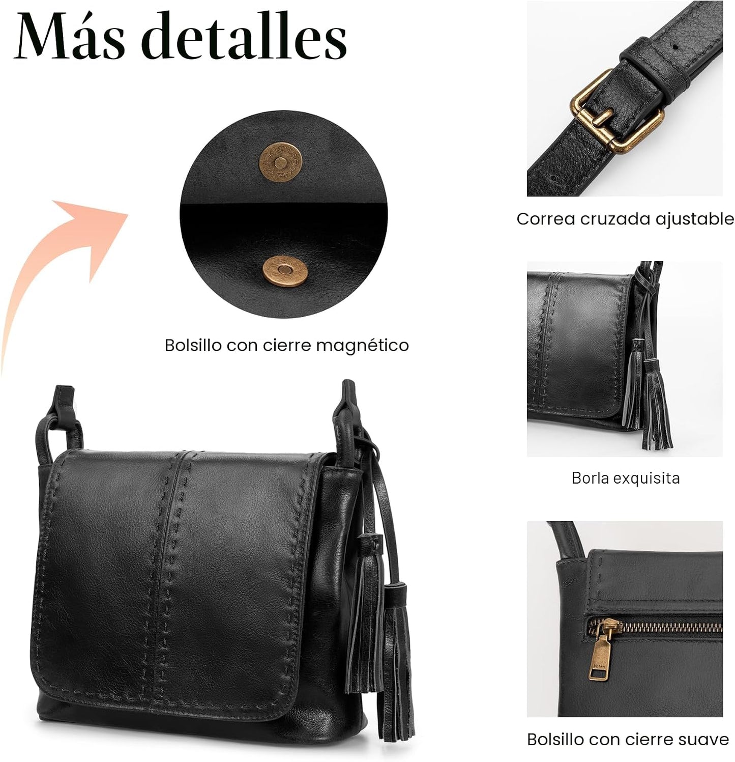 befen Bolso cruzado de cuero vintage para mujer, bolso de cuero gen...