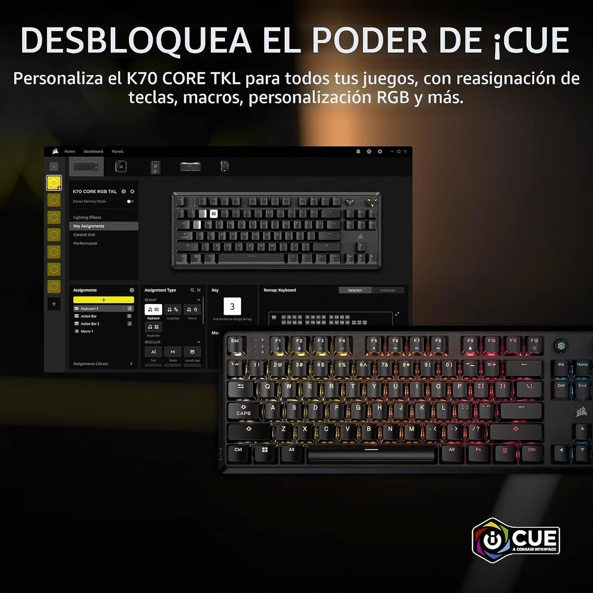 Corsair K70 CORE TKL RGB Teclado mecánico con cable para juegos sin...
