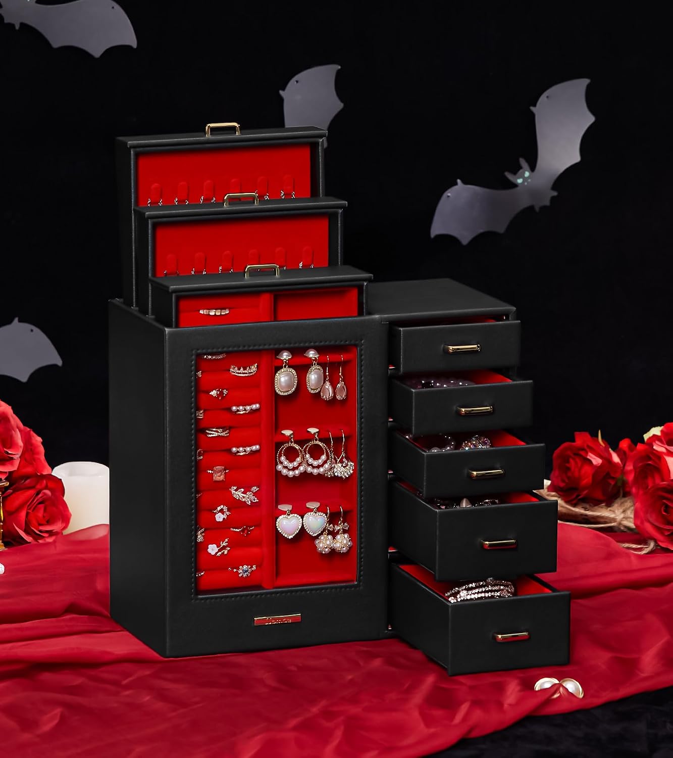 Homde - Gran joyero\/organizador\/caja con ventana de vidrio, cajon...