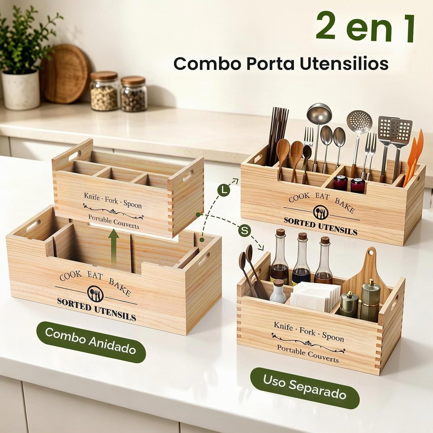 FOXHIVE Soporte extra grande para utensilios, 2 en 1, de madera de...