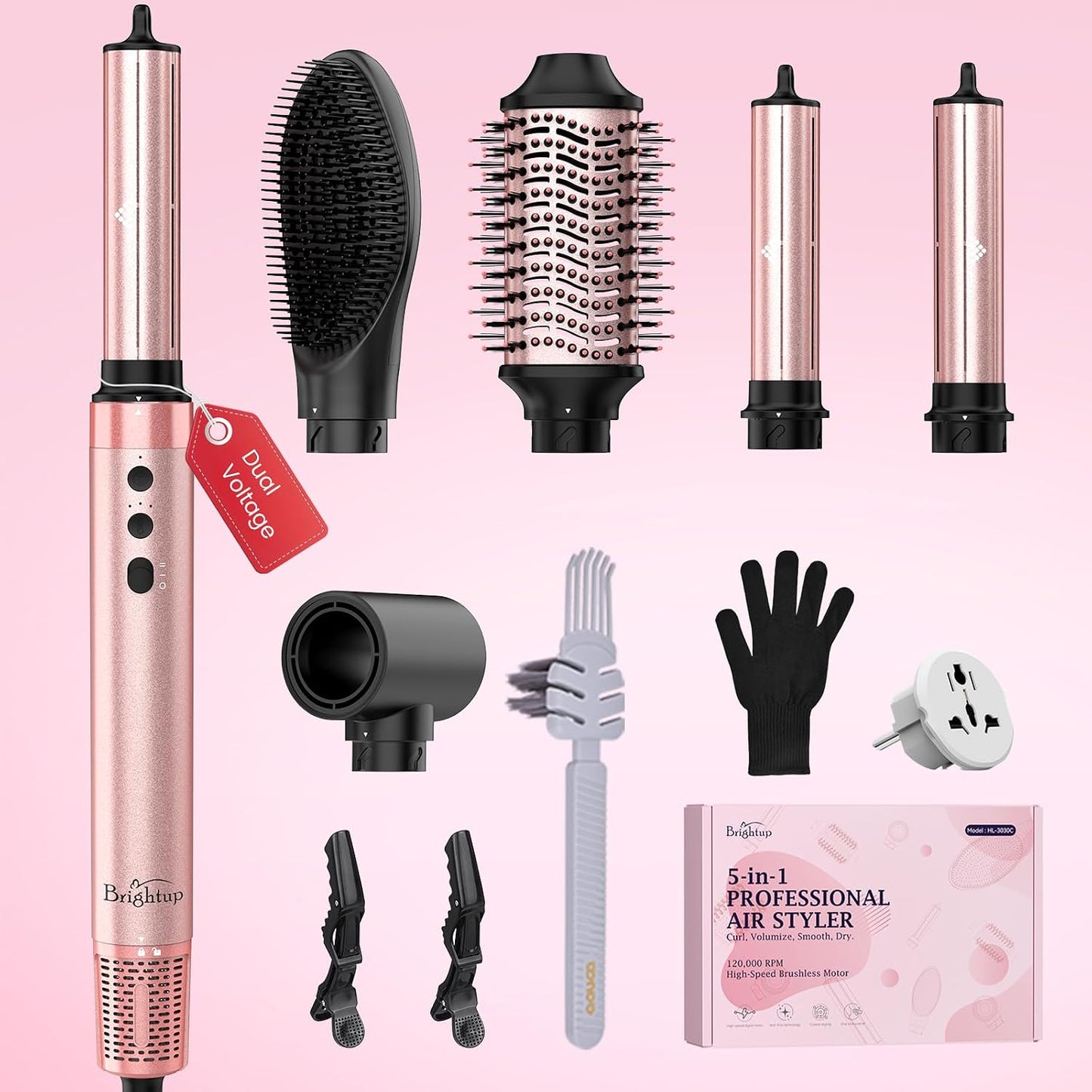 Brightup Estilizador de cabello de doble voltaje, 5 en 1, de alta v...
