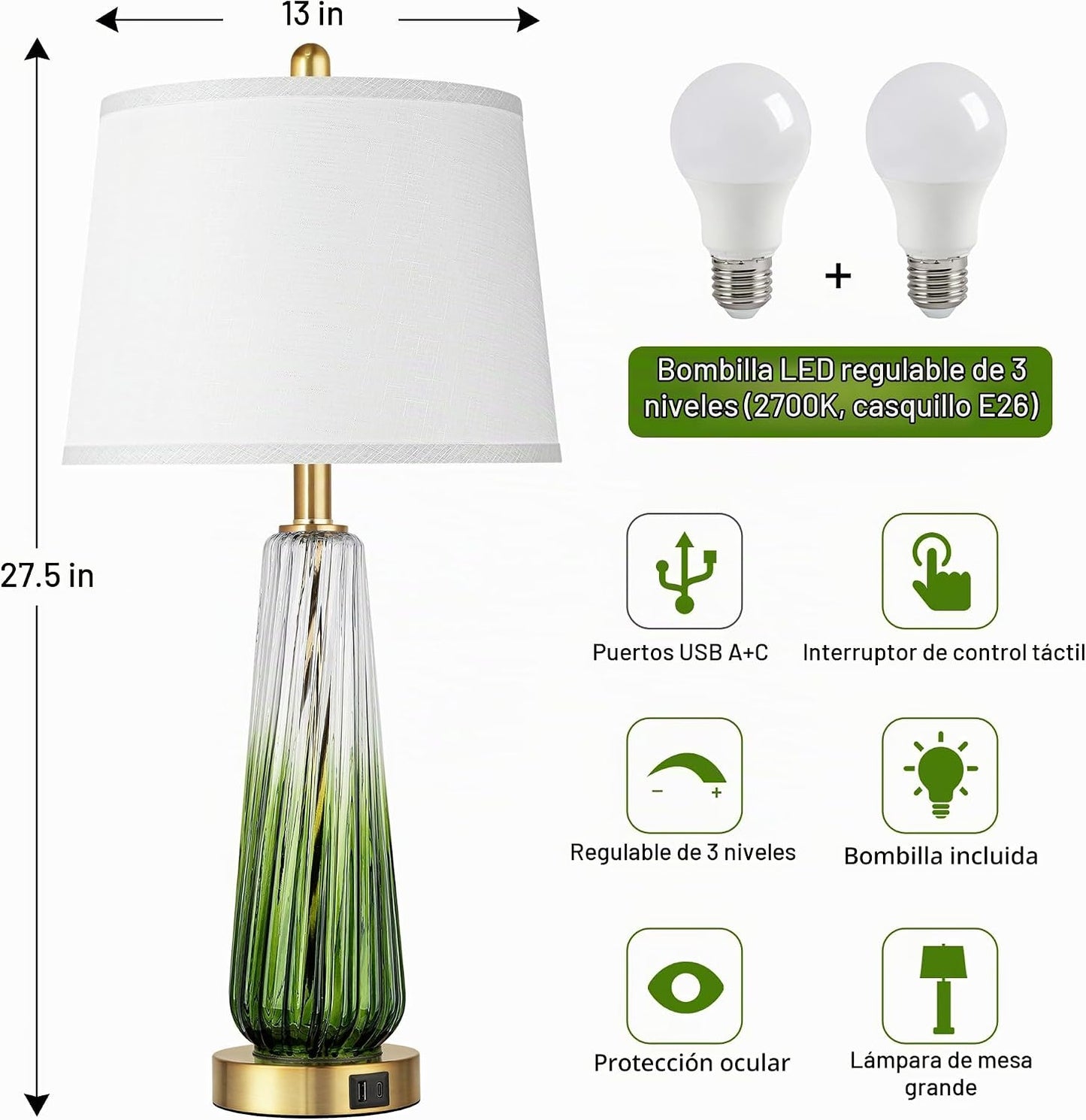 Juego de 2 lámparas de mesa modernas de cristal, lámpara de noche d...