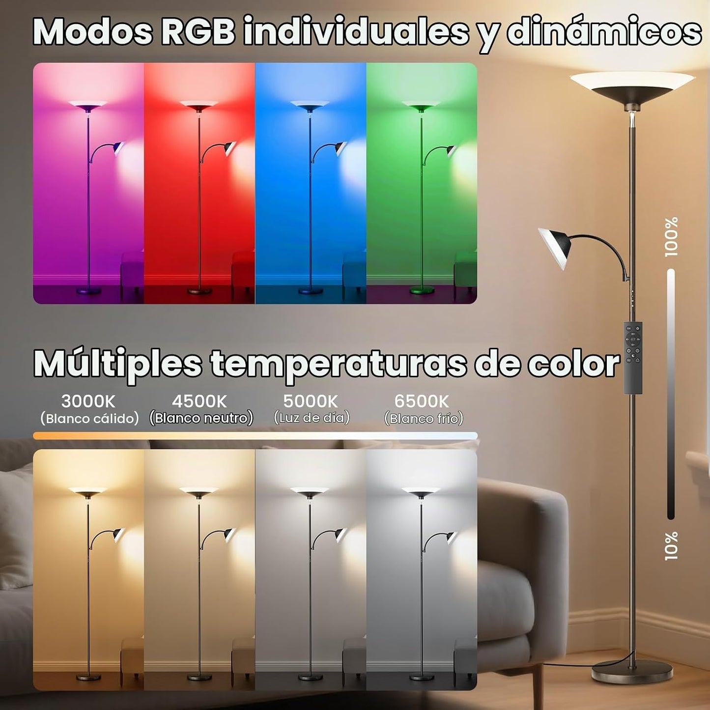 SIBRILLE RGB Torchiere - Lámpara de pie LED regulable de 2 vías con...