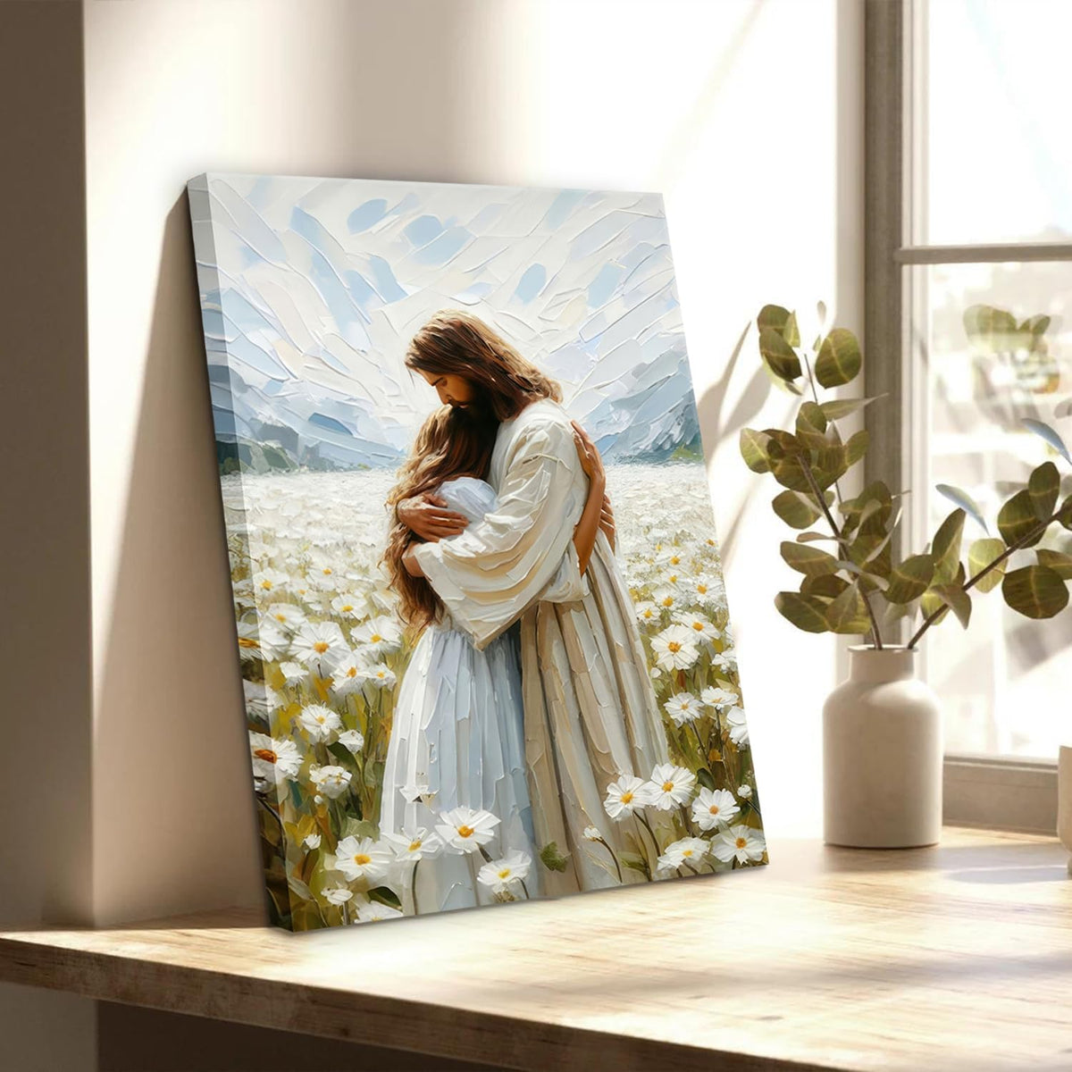 Lienzo de Jesús Abrazando a una Mujer Arte de Pared Jesús y Niña De...