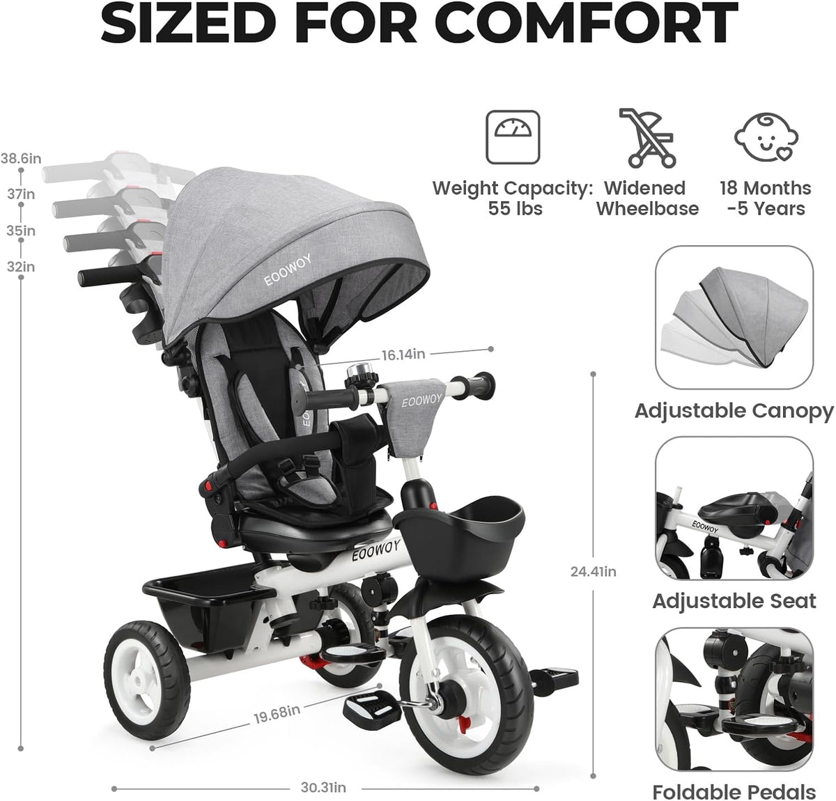EOOWOY Triciclo para niños pequeños con mango de empuje, triciclo 7...