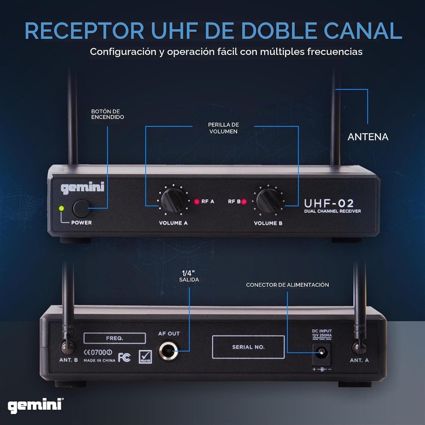 Gemini Auriculares UHF de doble canal y sistema de micrófono de sol...