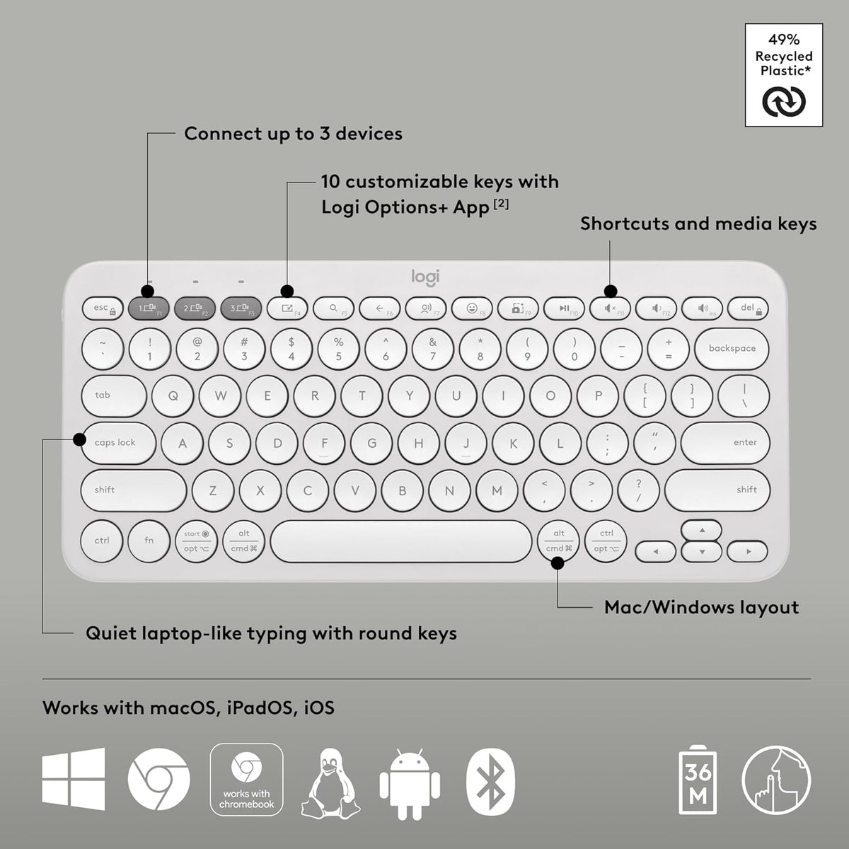 Logitech Pebble Keys 2 K380s Teclado inalámbrico Bluetooth - Blanco...