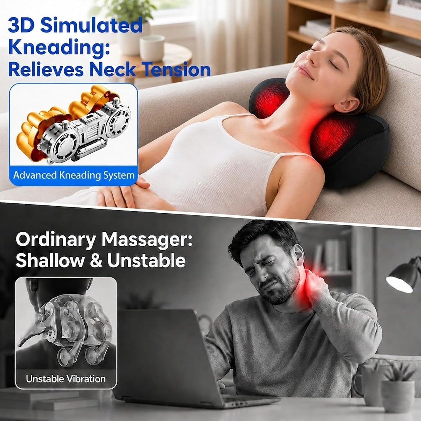 Masajeador de cuello con calor, almohada de amasado 3D inalámbrica...